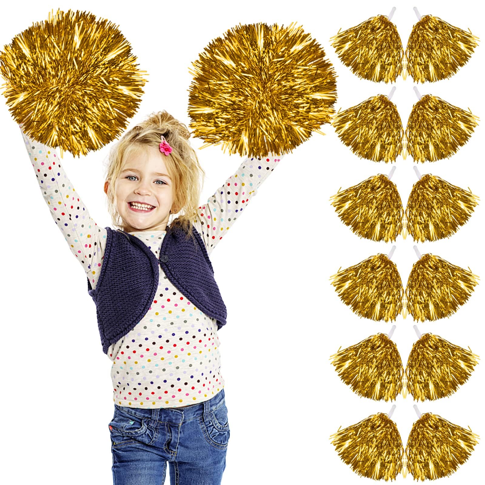 Lot de 12 Pompons Pom-pom Girl, Pompon Pompom Girls, Pom-pom Girl, Pompons Cheerleader, Pom poms Cheerleader pour Carnaval, l'école le Sport, la Danse, la Nuit, la Fête (Gold)