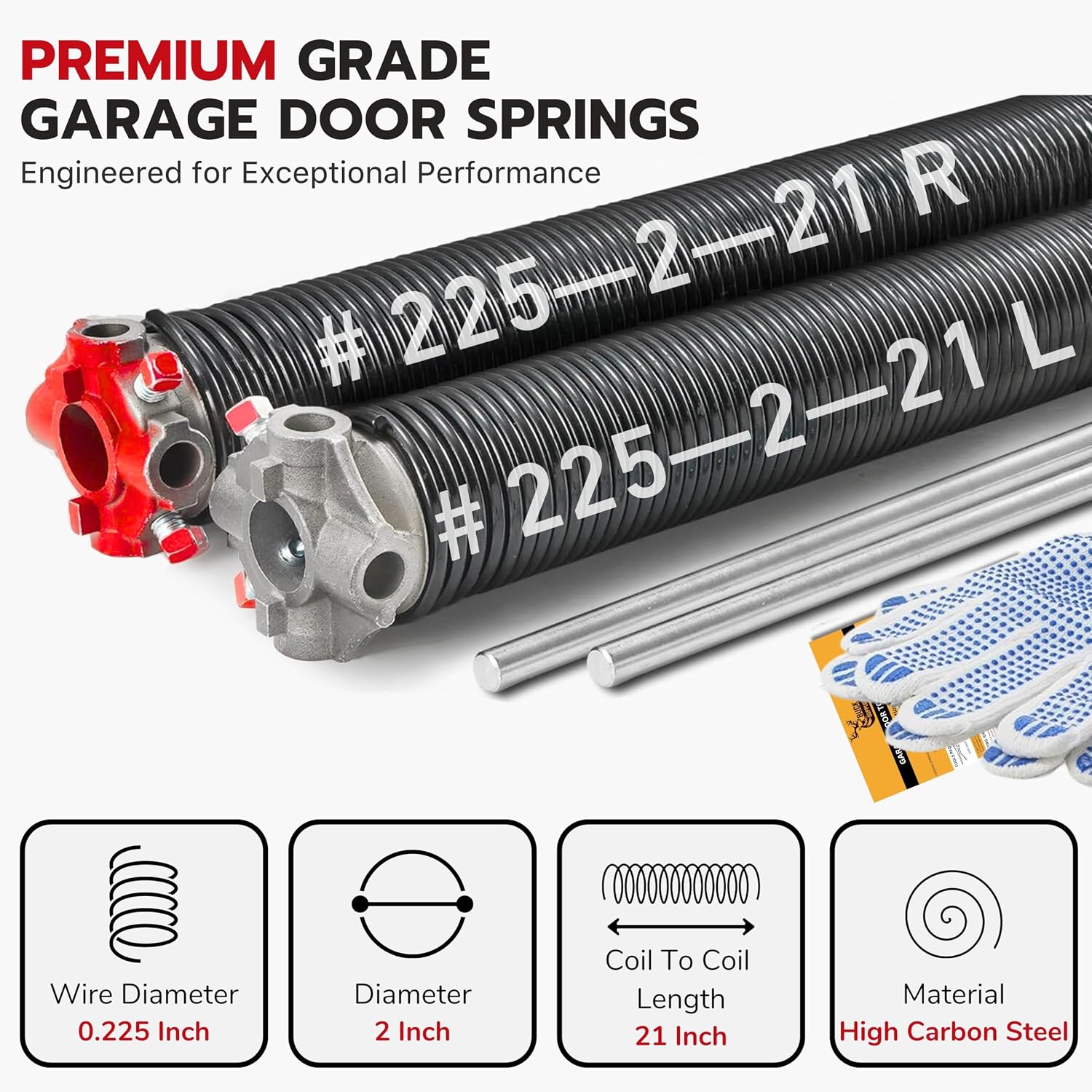 Pair of 2" Heavy Duty Garage Door Spring Replacement Set with Non-Slip Winding Bar & Gloves - Torsion Springs for Garage Door with Electrophoresis Black Coating, Minimum 20,000 Cycles (0.225x2''x21')