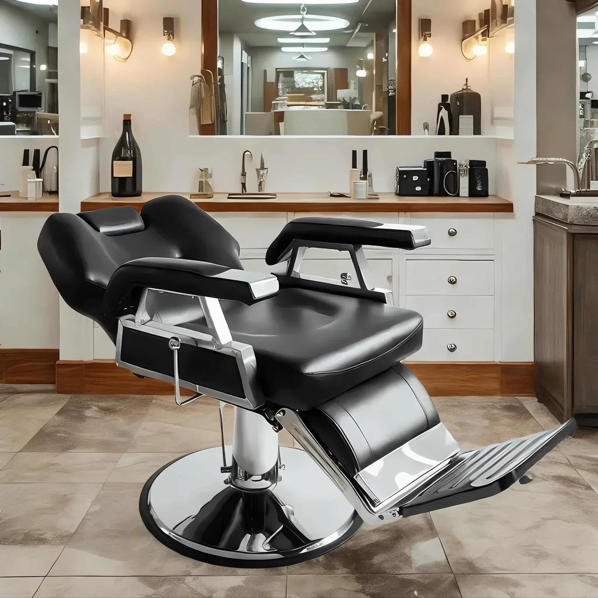 Fauteuil de Coiffure, Chaise à Coiffeur Hydraulique Inclinable Barber Coiffure 360° pour Salon Professionnel, 110 x 70 x 100-113 cm (Noir)