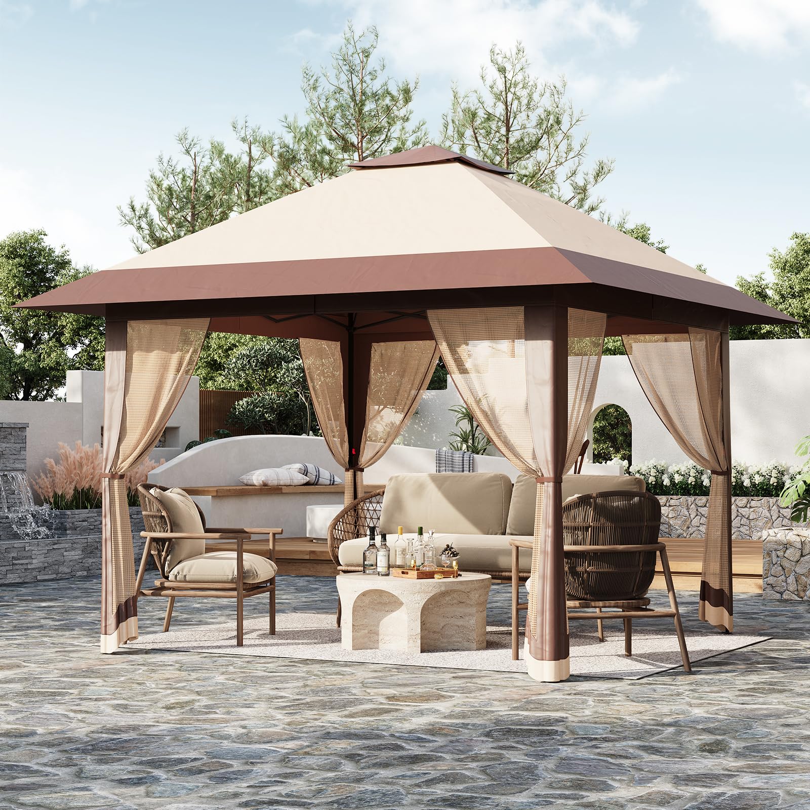 13x13FT Pop Up Gazebo, Adjustable Height Canopy Tent with Mosquito Netting & 4 Mesh Walls & Carry Bag, Pop Up Party Tent Canopy, Waterproof Marquee Party Tent, Easy Setup, for Garden Backyard