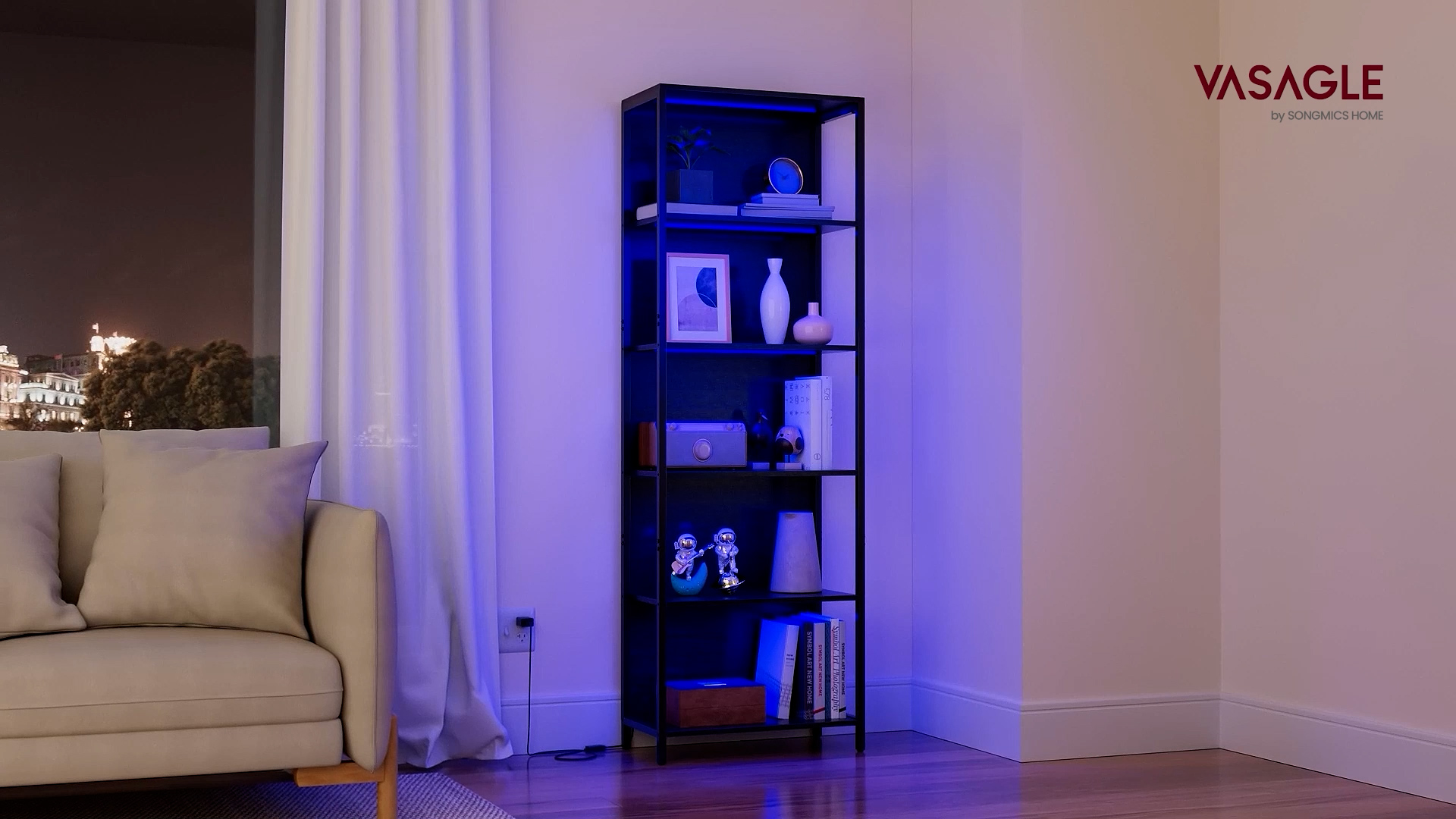 Scaffale VASAGLE 6 Ripiani Con Luci LED Dimmerabili - Libreria Moderna Acciaio E Legno 178cm, Nero - Foto 2