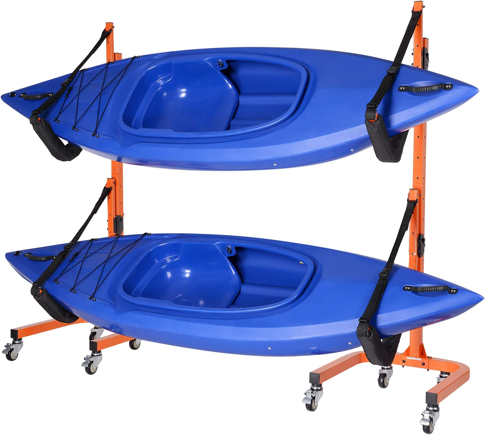 Rolling Kayaks Rack Storage- Self Standing Two Kayaks Cradles With Adjustable Safety Straps and Wheels for Mobility- Indoor Outdoor use by Rad Sportz