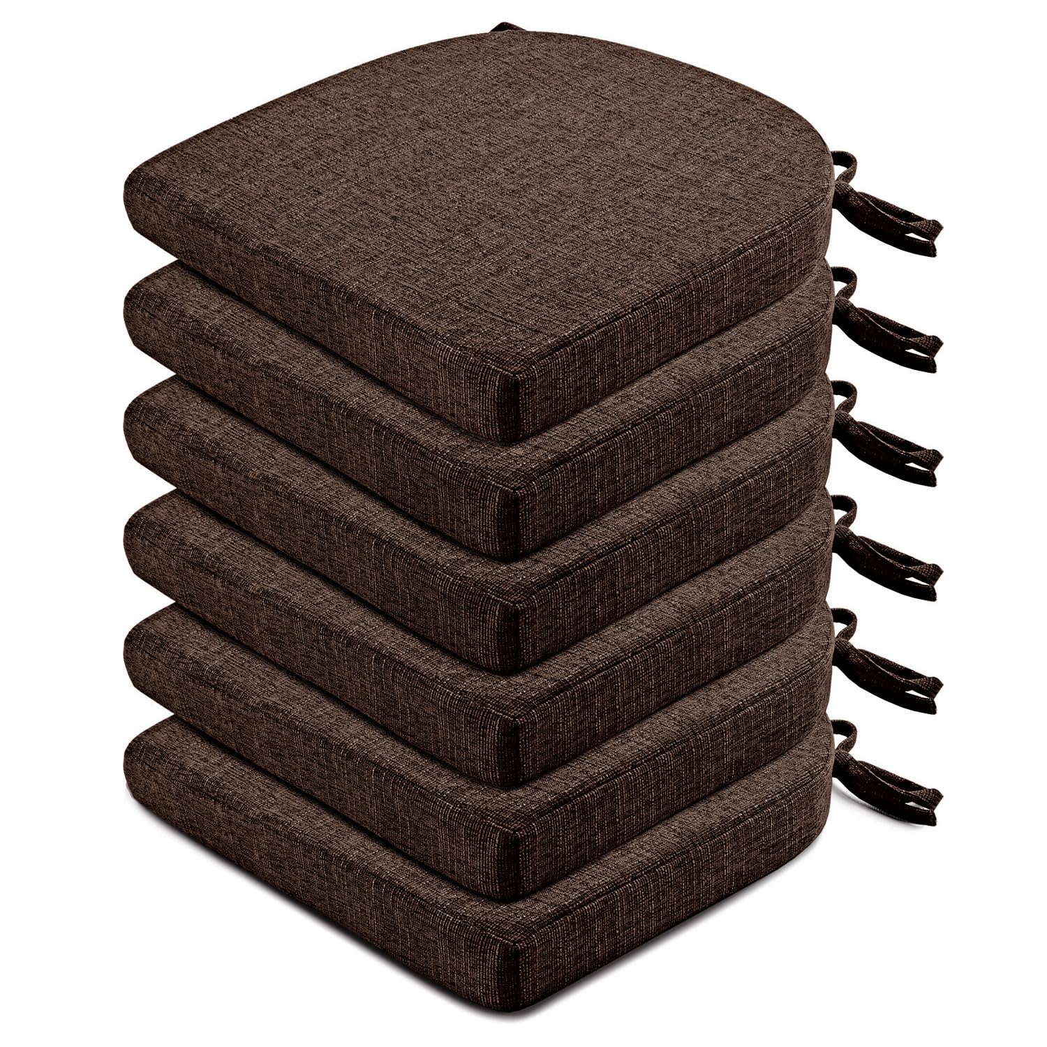 Wellsin Chair Cushions for Dining Chairs 6 Pack - Kitchen Chair Cushions with Ties and Non-Slip Backing - Dining Chair Pads 16"X16"X2", Brown