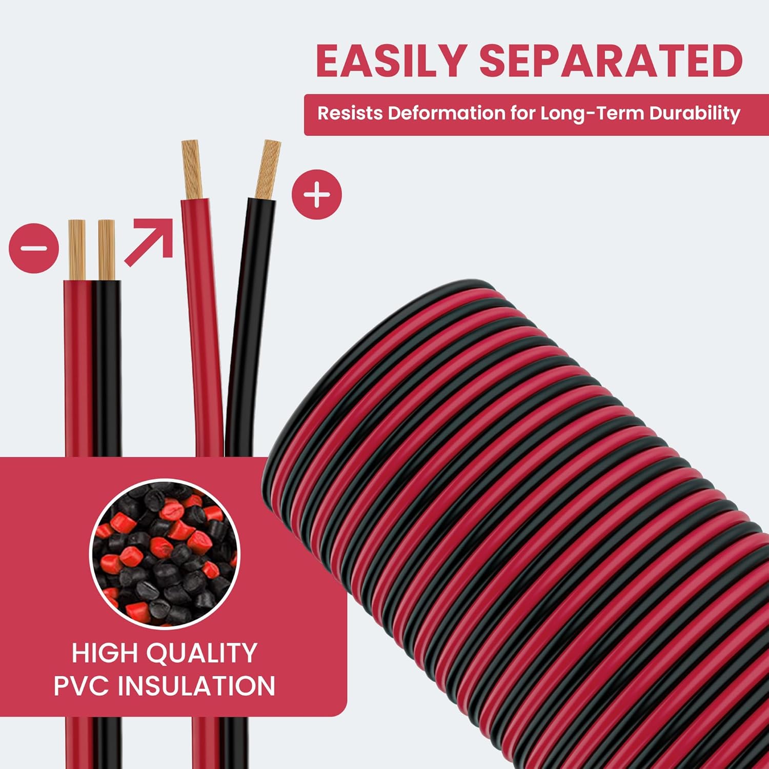 12 Gauge Wire 25FT, Low Voltage 12/2 AWG Red Black Oxygen Free Copper Electrical Extension Cable, 2 Conductor Parallel Insulated Stranded Cord for Speaker, LED Strip, Automotive, 20 Heat Shrink Tubing