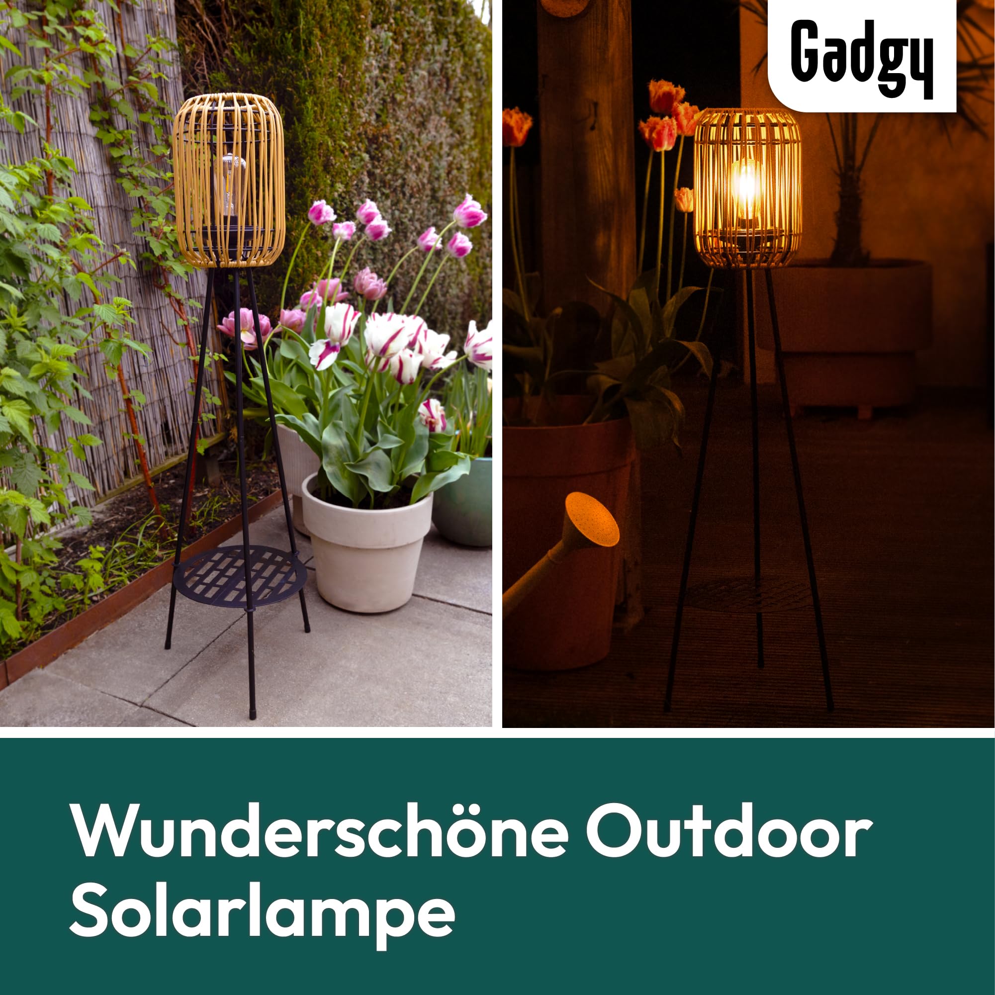 Lámpara de pie solar LED para exteriores Gadgy - Lámpara de pie para jardín resistente al agua - Lámpara de pie solar para balcón iluminación sostenible de rátan - Lámpara de pie de tres patas