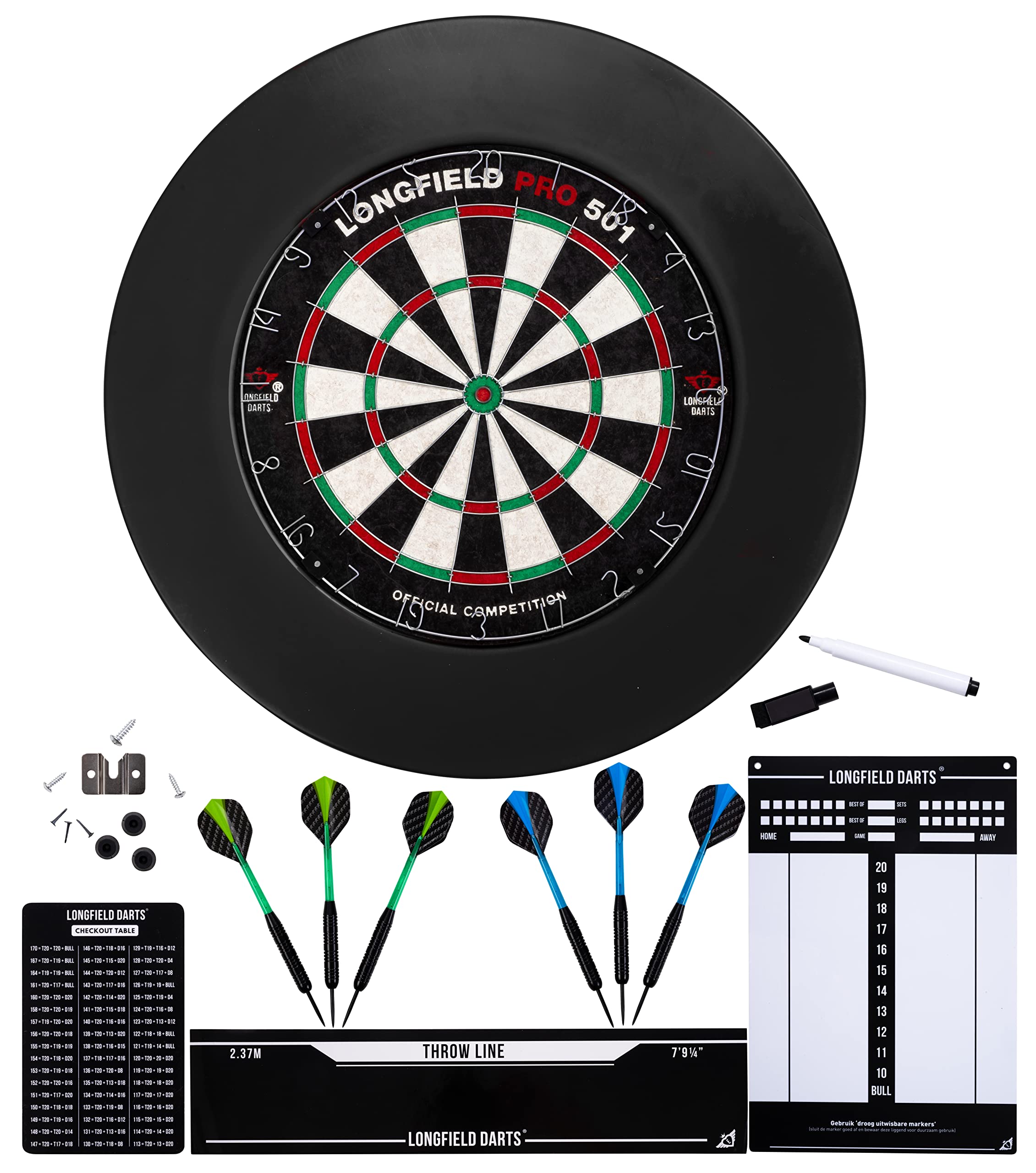 Mega Sisal Dartboard Set with 4 Piece Surround Ring, 6 Darts 24 g, Scoreboard, Checkout Chart, Throw Line and Wall Fixings