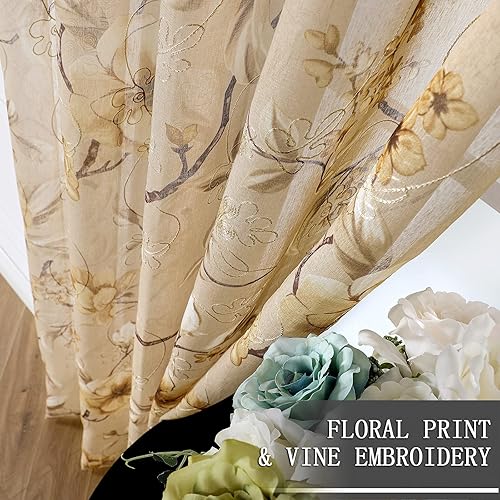 Miniatura 3 de Tollpiz - Cortinas de gasa transparentes, hechas de lino sintético, bordadas, con diseño de hojas y flores, para dormitorio o sala de estar, juego