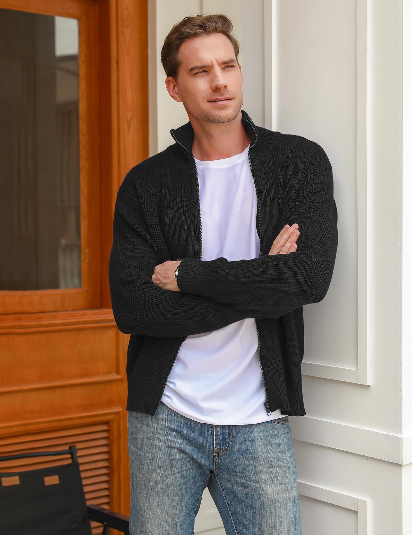 iClosam Cardigan da Uomo Casual Slim Leggero Maglione Maglia Waffle Sweater Pullover Giacca Coat con Zip Invernale B-Nero,S