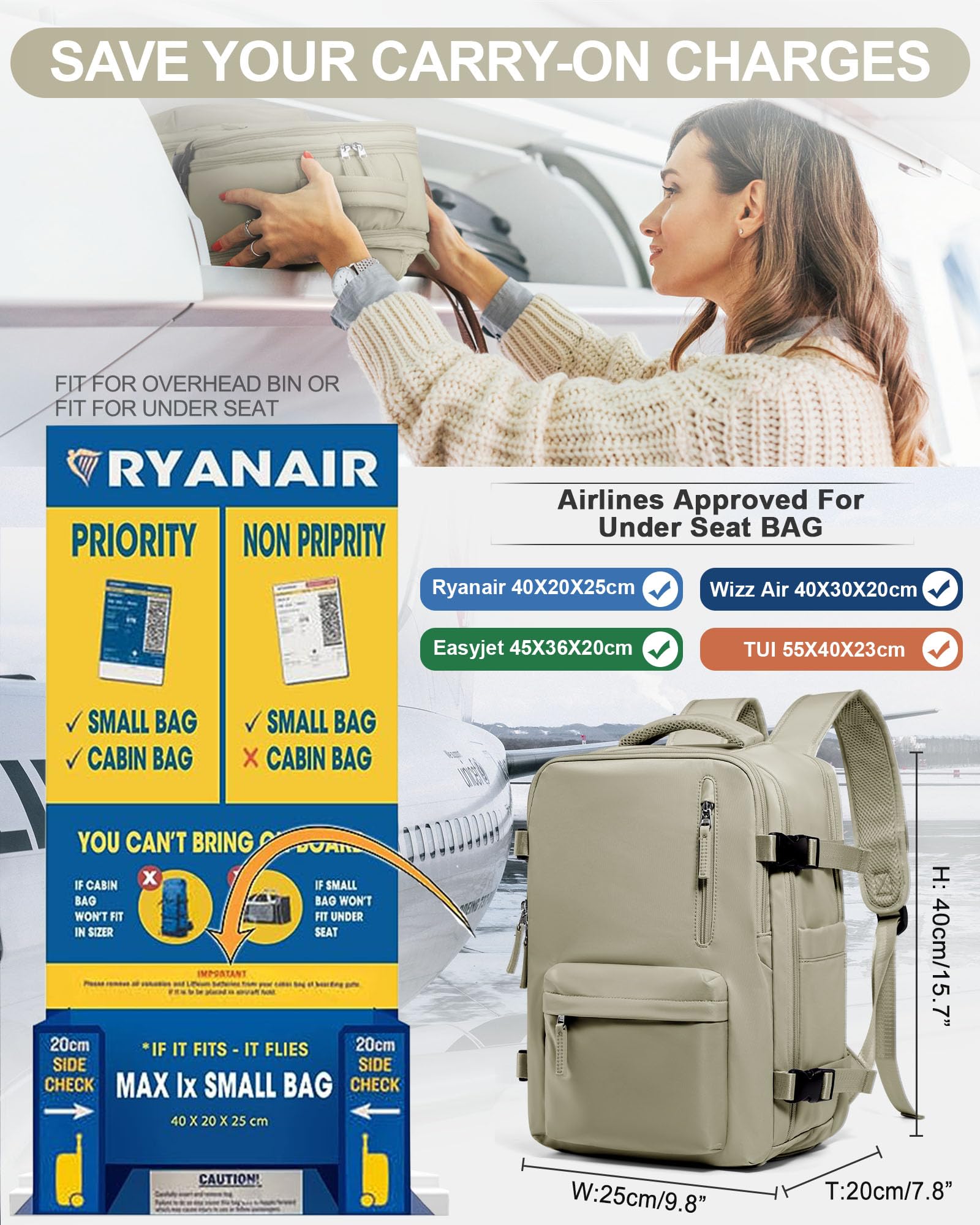 Zaino da Viaggio per Ryanair 40x20x25 Bagaglio a Mano Zaino Borse da Cabina per Ryanair Il Sedile Zaino Aereo Bagaglio a Mano Donna Borsa Cabina Viaggio Zaino Viaggio Casual Daypack,Grigio marrone