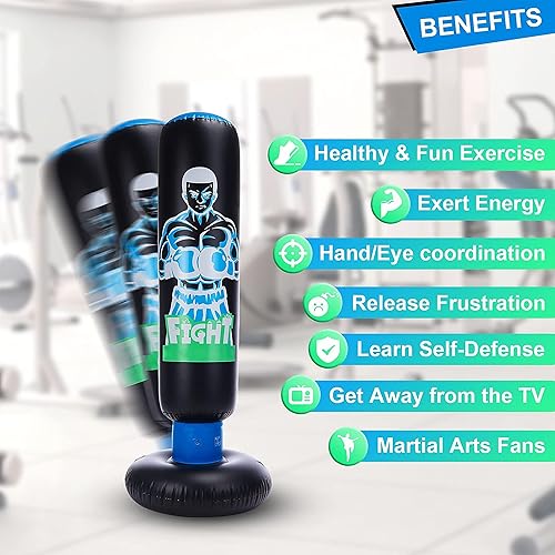 Miniatura 4 de HealSmart Saco de boxeo inflable para niños con soporte de 63 pulgadas con soporte independiente con rebote trasero alto de 63 pulgadas para