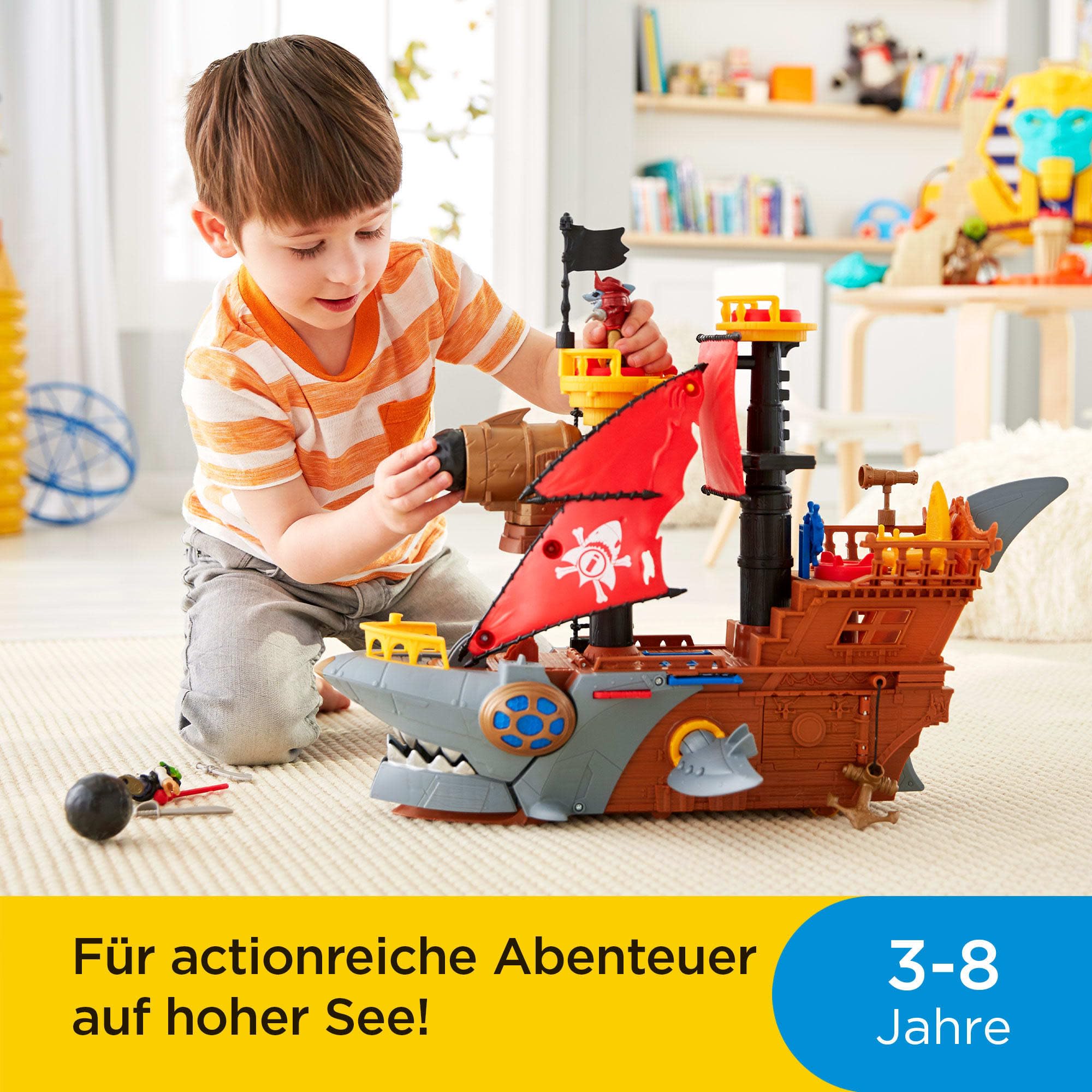 Fisher-Price IMAGINEXT Haimaul-Piratenschiff - bewegliche Flossen, Power Pad für Geheimschatz Enthüllung, Kanonen, Gefangenenbereich, Geheimversteck und Piratenfiguren, DHH61