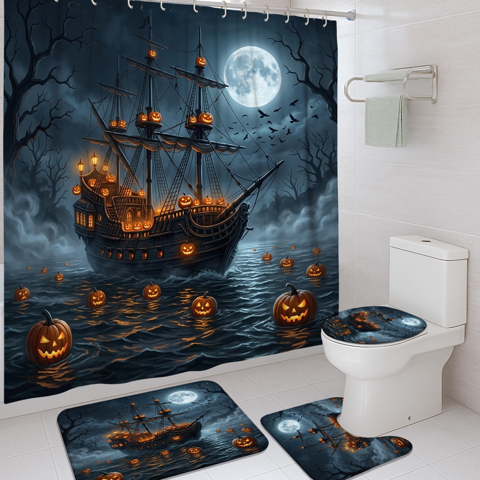 Rideau de douche imperméable Halloween noir anti-éclaboussures avec tapis de bain