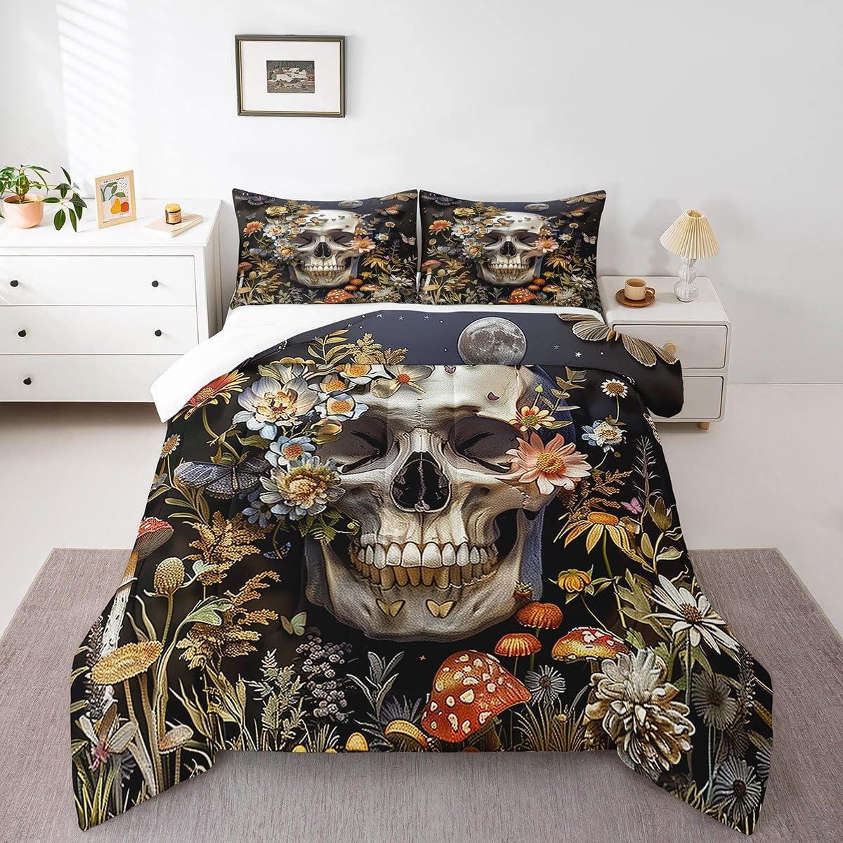 Parure de lit tête de mort et fleurs Manfei avec couette légère et taie pour lit simple