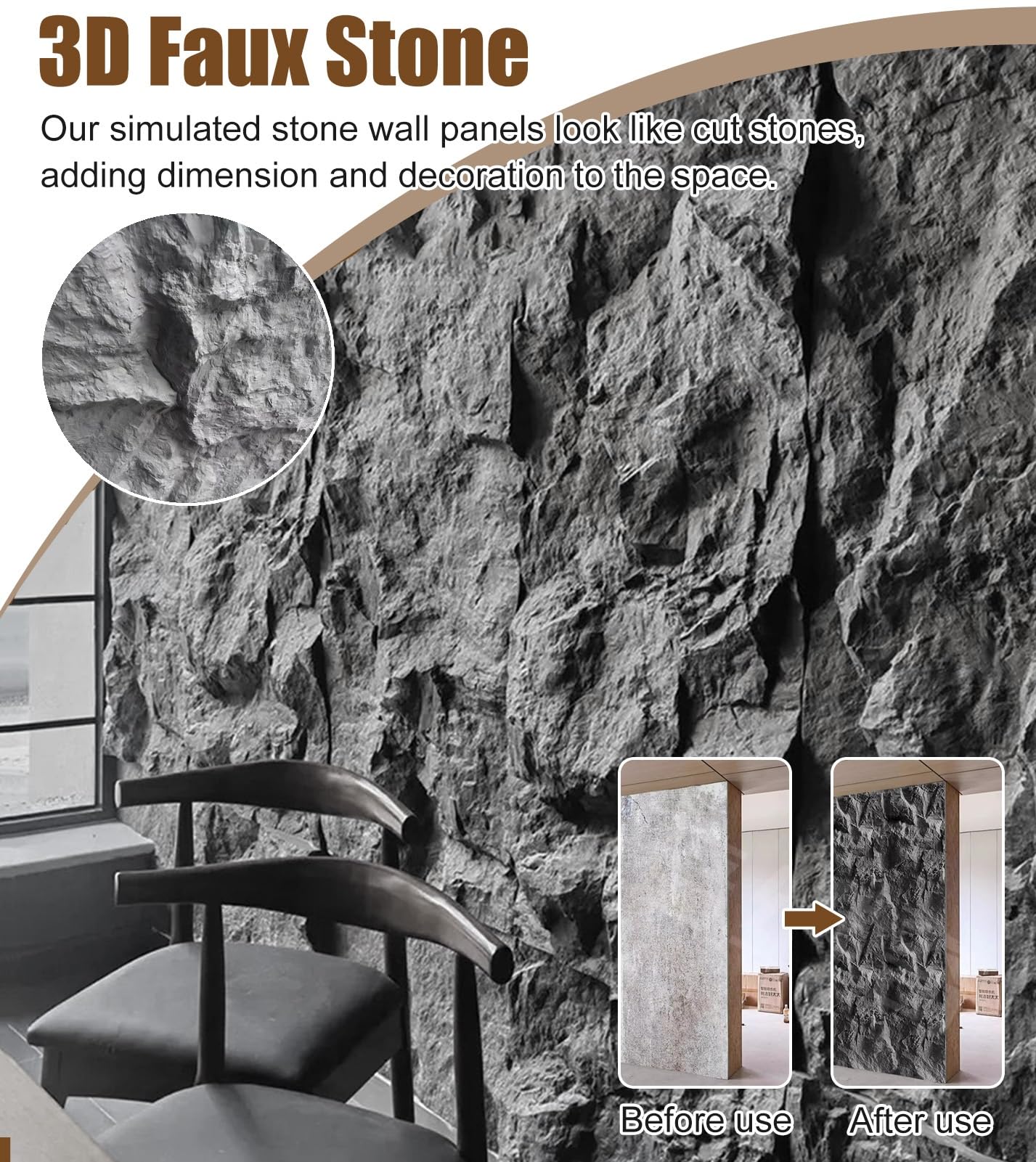 Pannello murale decorativo pannelli murali imitazione pietra grigia per soggiorno esterno, decorazione da parete 3D in PU, carta da parati decorativa per legno, rivestimento murale per interni (luce
