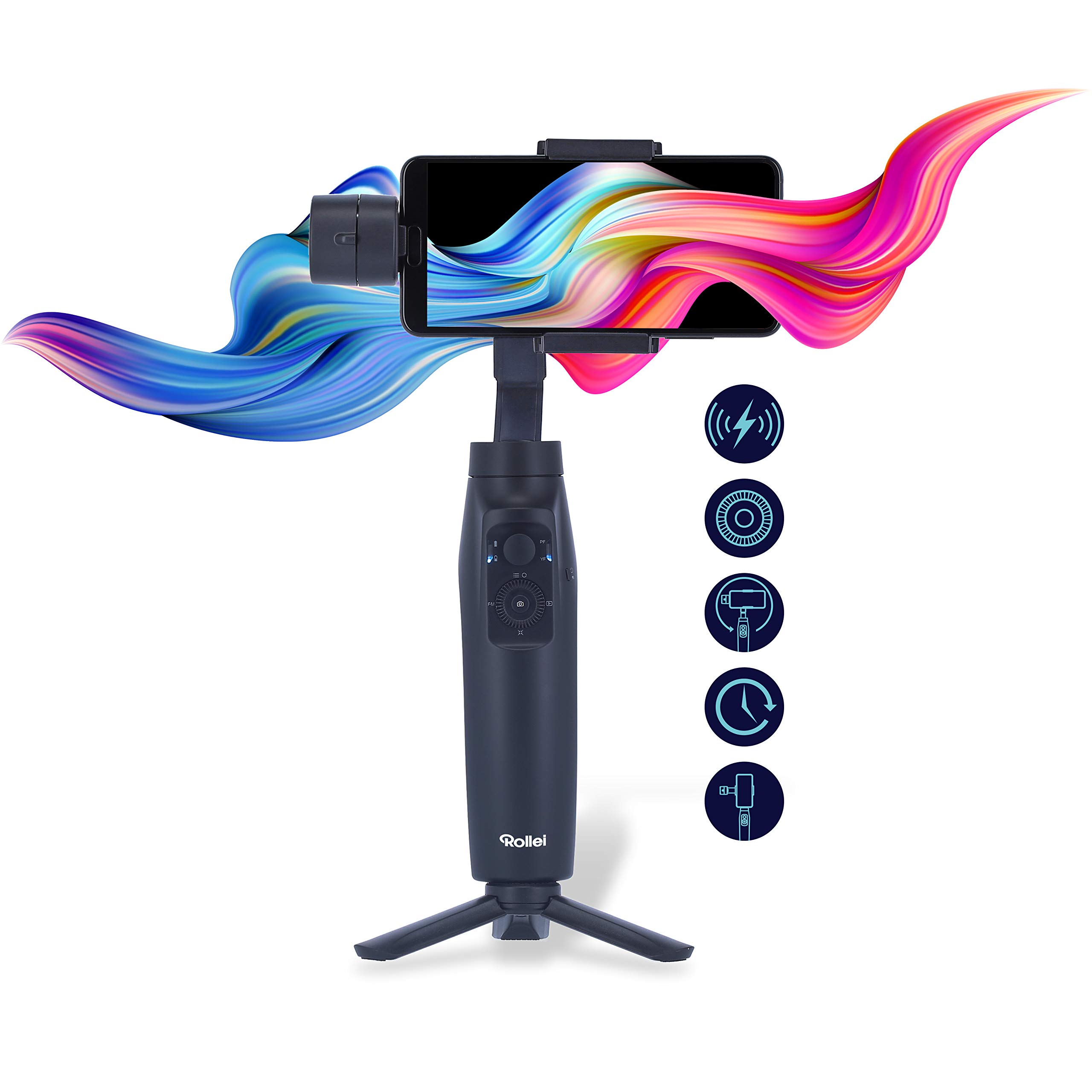 Rollei Go! Profi Smartphone-Gimbal I Handy-Gimbal I Video Stabilisator I Gimbal für Iphone & Android inklusiver kabelloser Ladefunktion & Tasche