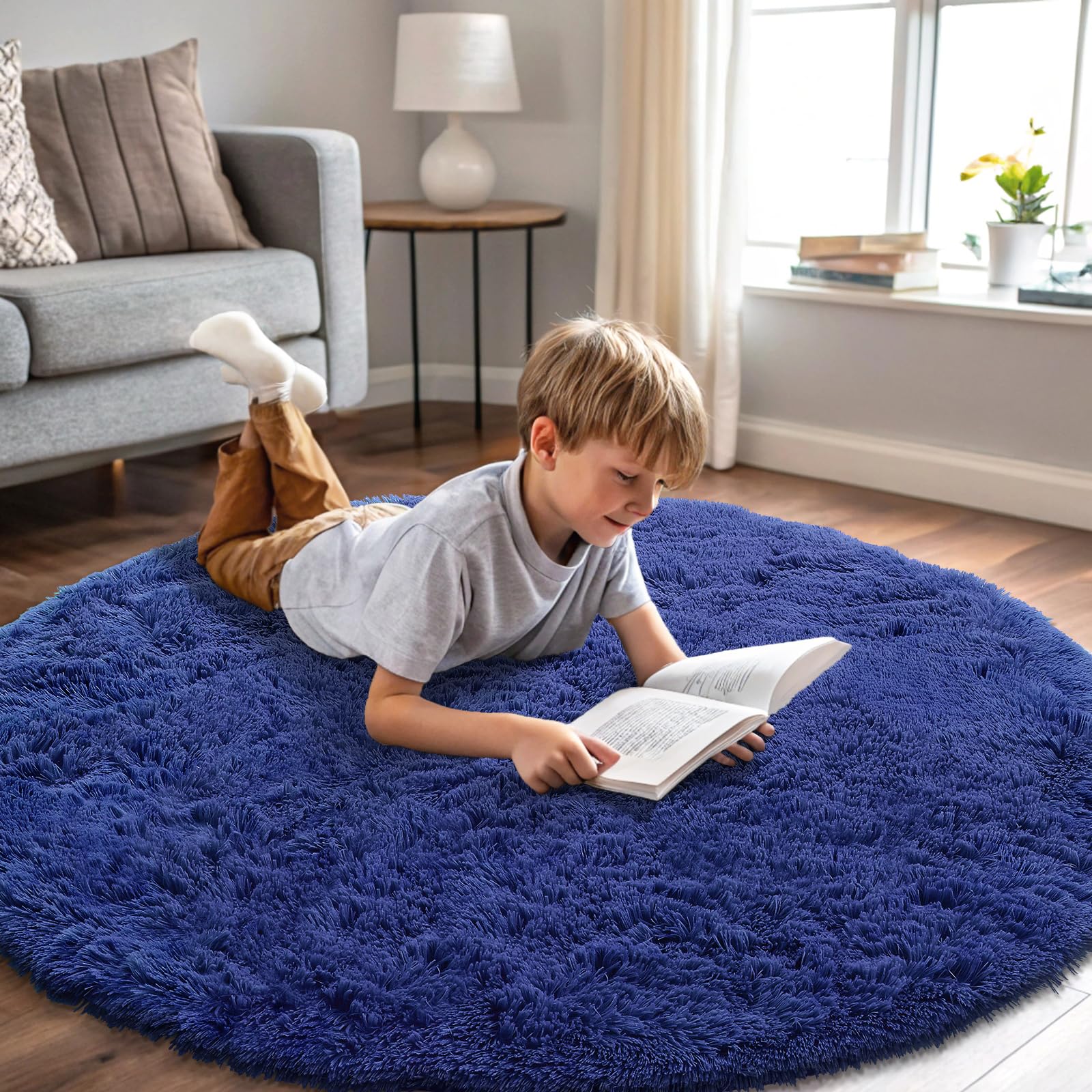 Photo 1 of OLANLY Navy Blue Round Rug - 4 ft Machine Washable Area Rug