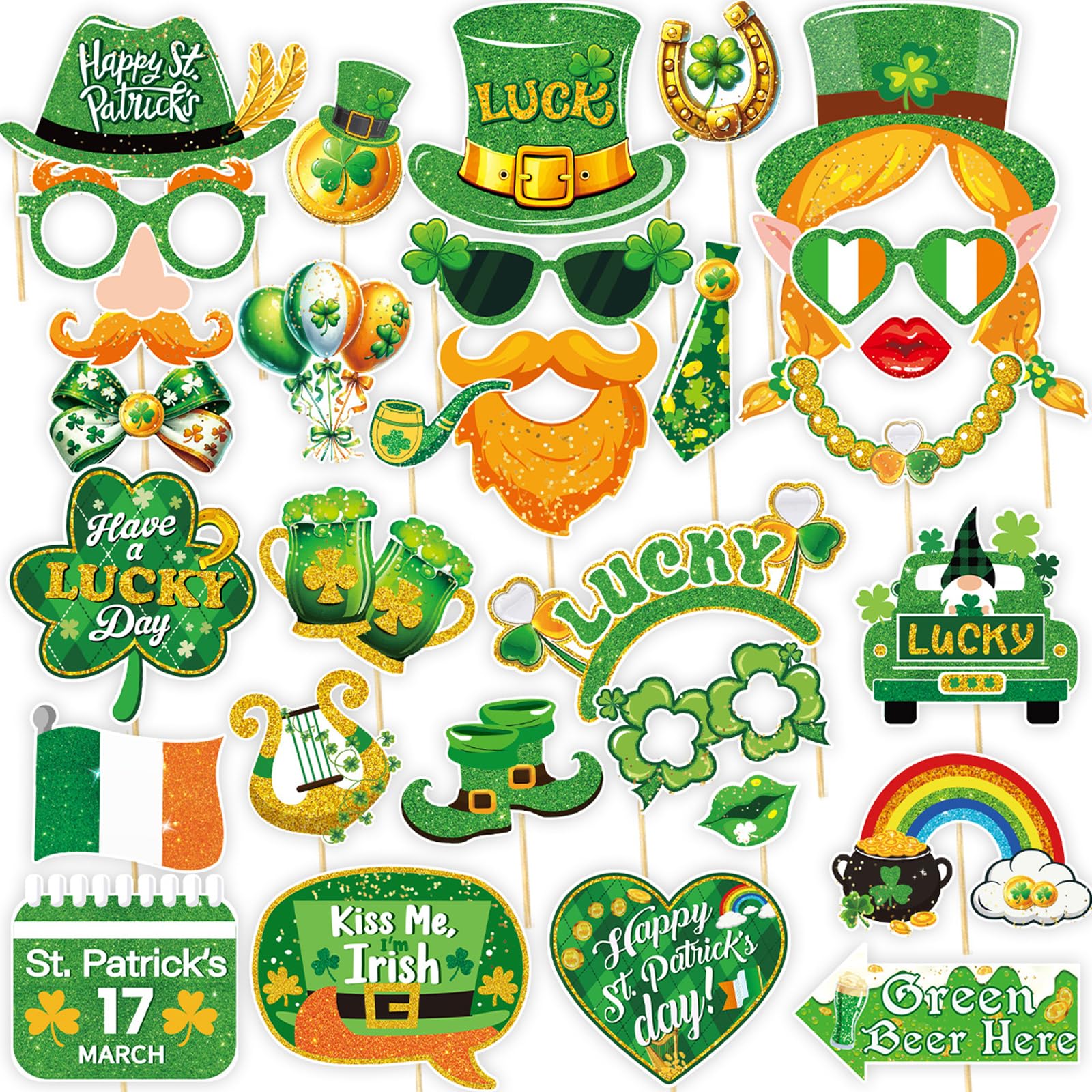 30PCS St Patricks Day Accessories Photo Booth Props Glitter Shamrock Glasses Leprechaun Hat Rainbow Festive Icons Adult Friends Husband Wife Brother St Patricks Day Decorations Diy Selfie Accessories