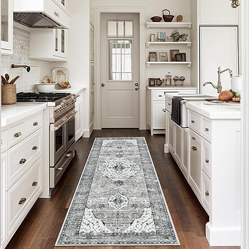 Miniatura 13 de Tapete verde para pasillo de 2 x 6 pies, tapete lavable, vintage, largo y envejecido con parte trasera antideslizante de goma, para cocina y Verde