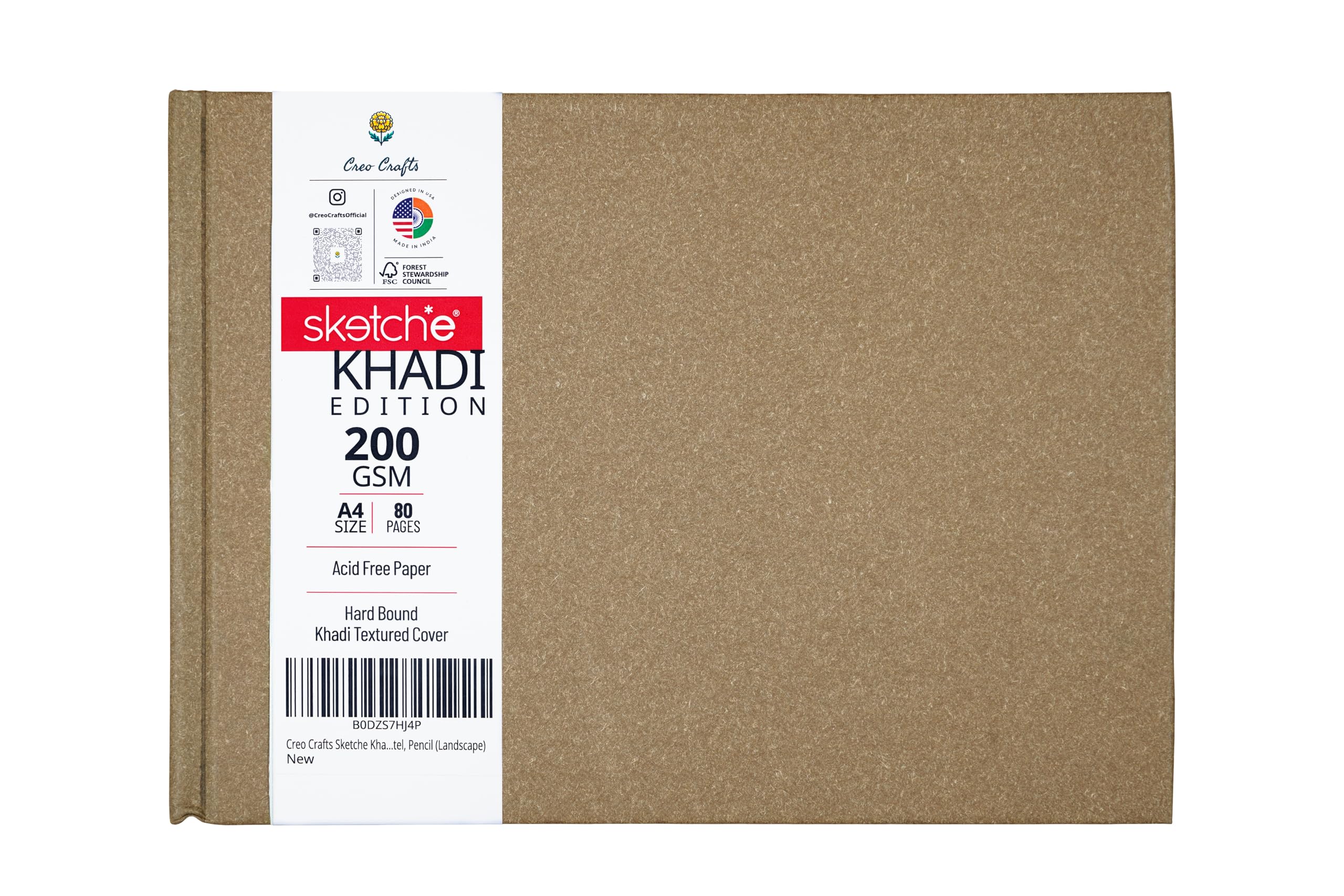 Creo Crafts Sketche Khadi (couverture) Carnet de croquis à couverture rigide A4 | 40 feuilles/80 pages | Papier cartouche 200 g/m² sans acide | Bon pour marqueur aquarelle, acrylique, encre, pastel à
