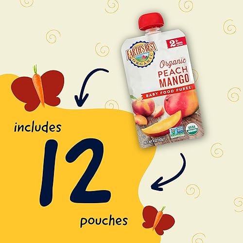 Miniatura 4 de Earth's Best Bolsas de comida orgánica para bebés, puré de frutas etapa 2 para bebés de 6 meses en adelante, puré orgánico de melocotón y mango,