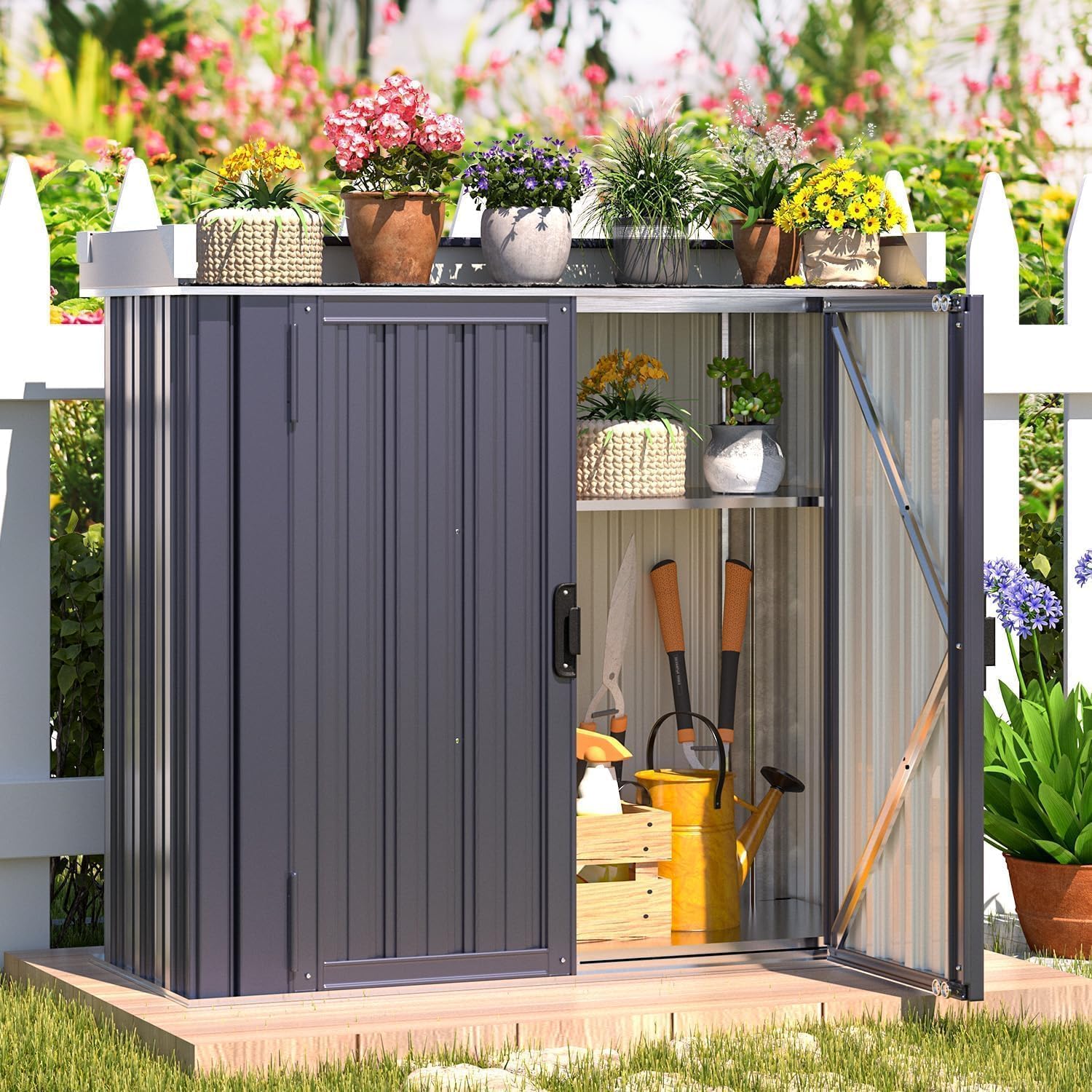 YODOLLA Pflanztisch mit verstellbaren Regalen, 97x34x93cm wetterfester Gartenschrank für den Außenbereich, Metall Gartenaufbewahrung mit Arbeitsplatte, Grau
