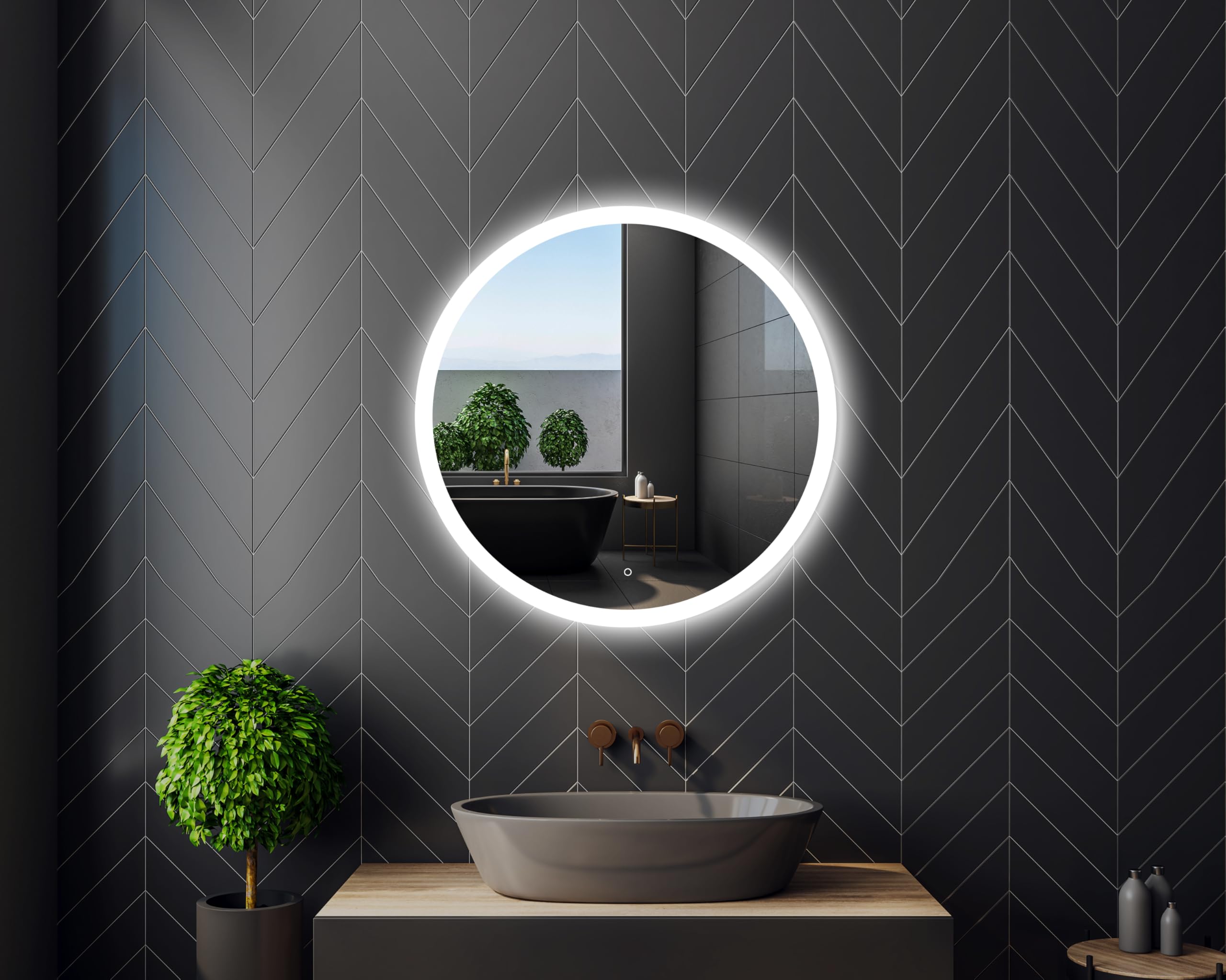 50 cm Okrągłe lustro łazienkowe z oświetleniem LED, Okrągłe lustro ścienne LED z włącznikiem, Lustro z naturalnym białym z światłem, Podświetlane z przodu