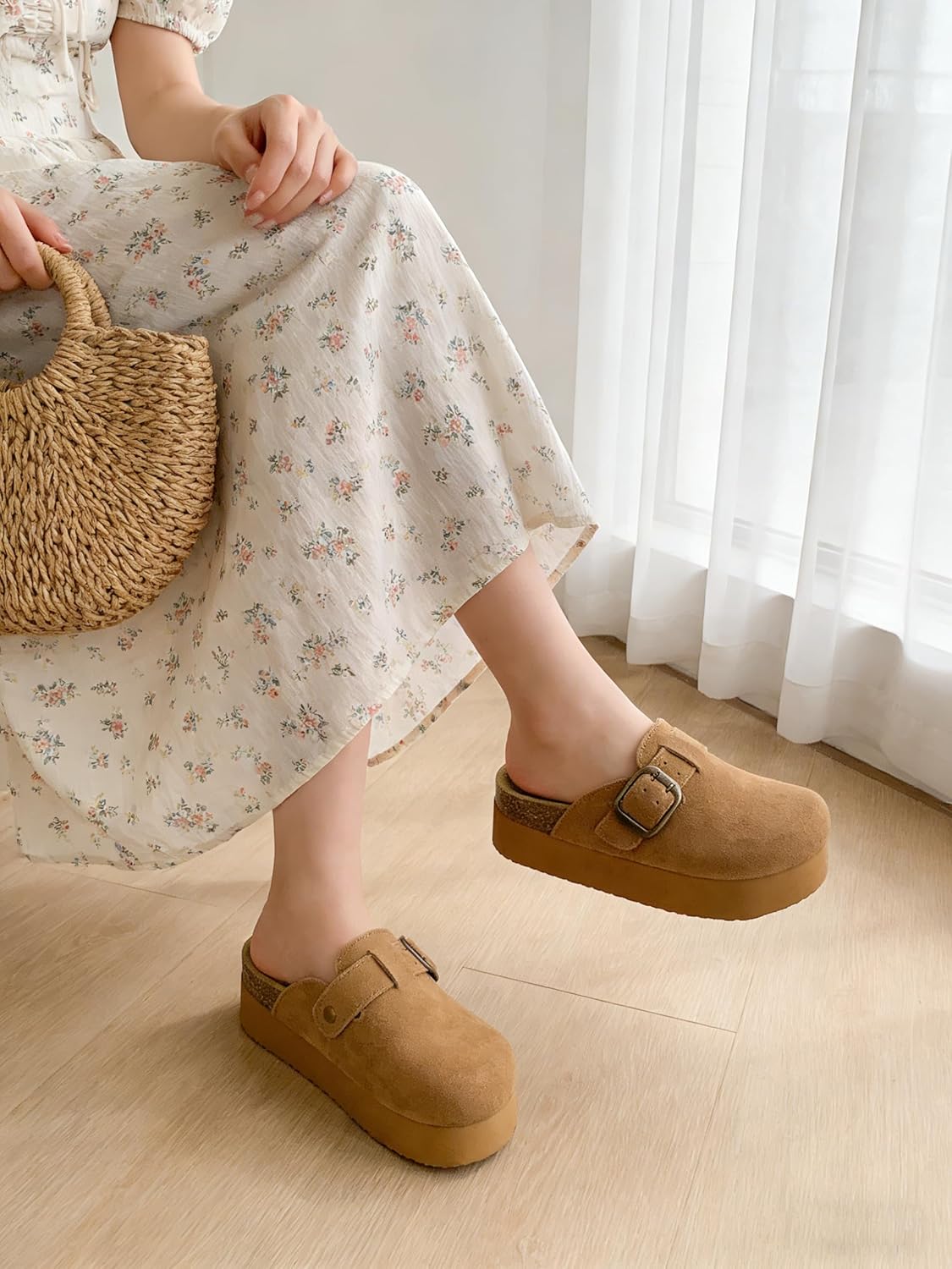 TEMOFON Genuine Suede Clogs for Women: Comfortable Leather Platform Mules & Clogs for Women Footwear - Cork Footbed Closed Toe Sandals Potato Shoes - Image 3