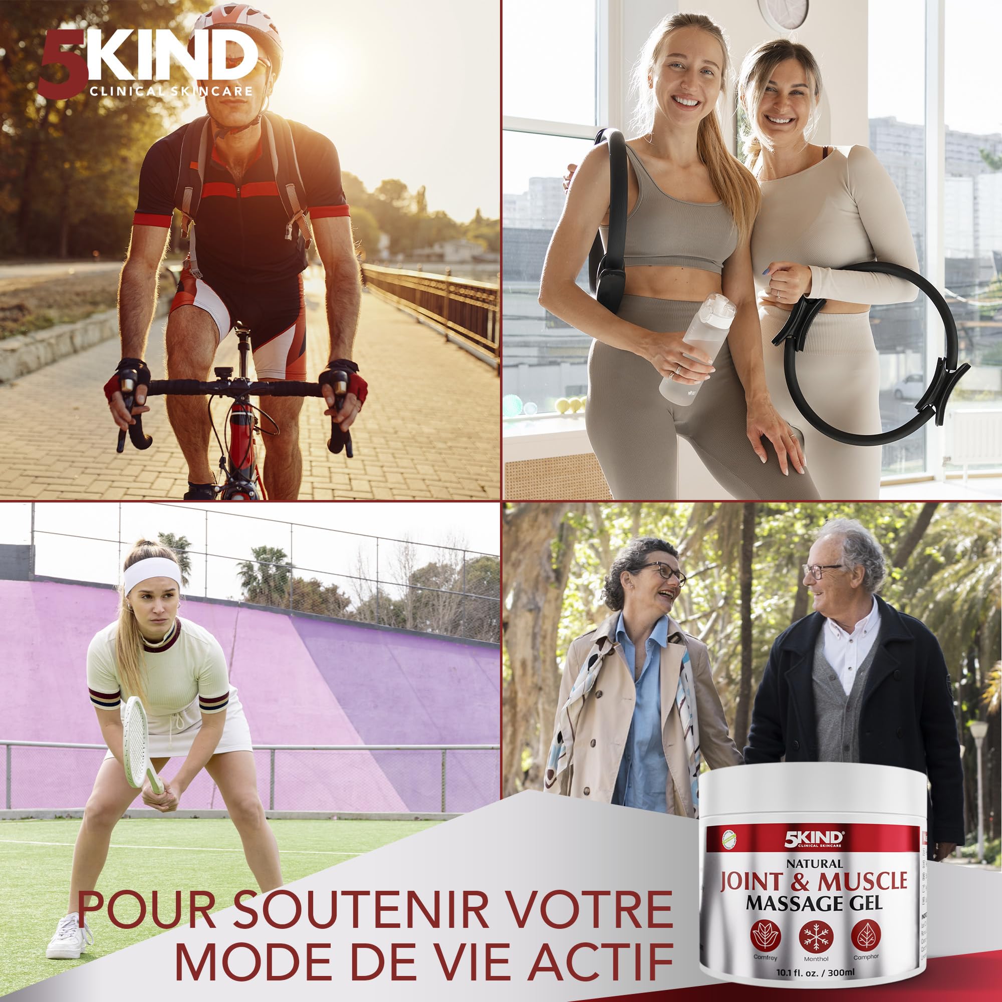 5kind Gel fraîcheur naturel articulation & muscle 300 ml - Crème calendula, camphre, consoude & menthol - Gel musculaire revitalisant puissant - Gel de massage dos, muscles, genoux, cou & épaules