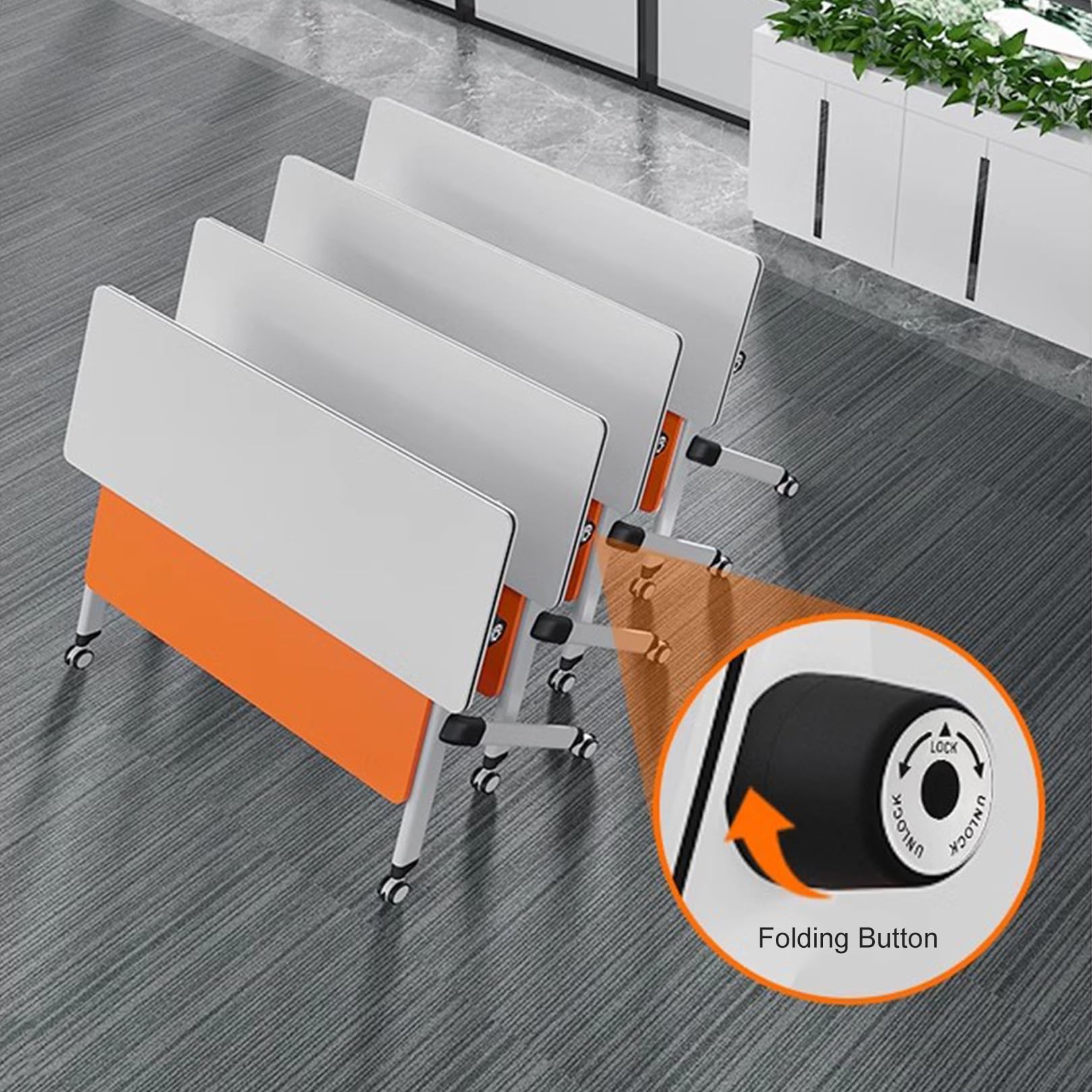 Set di tavoli da conferenza pieghevoli per formazione e seminari. Design modulare ad incastro con ruote per configurazioni flessibili in uffici, sale riunioni e sale di formazione. Soluzione