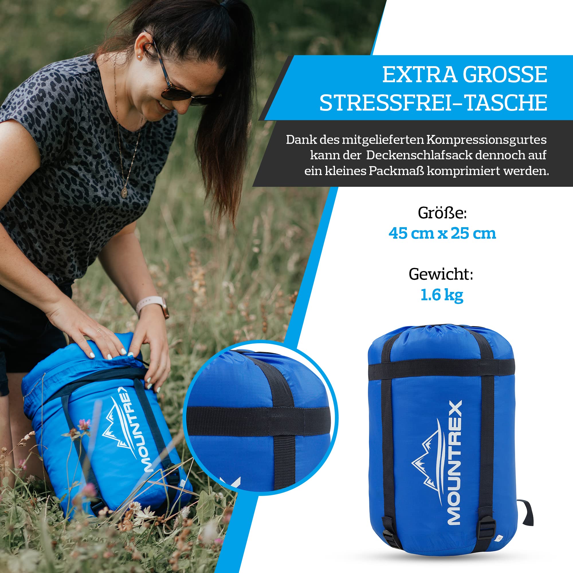 MOUNTREX® Sacco a pelo per campeggio e attività all'aperto, -5 °C, 10 °C, sacco a pelo (205 x 75 cm), 3 stagioni, leggero e caldo (1,6 kg), per adulti, donne e uomini, accoppiabile (RV, destra, blu)