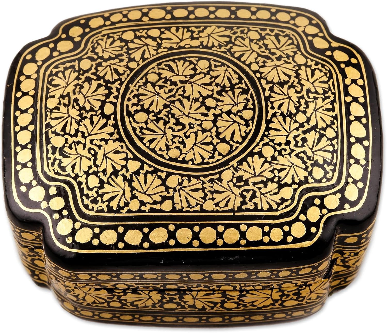 NOVICA Artisan Handmade Papier Mache Decorative Box Painted Black Gold Tone India Accessories Boxes Leaf Tree [2in H x 3.7in W x 2.9in D] ' Kashmir Night'