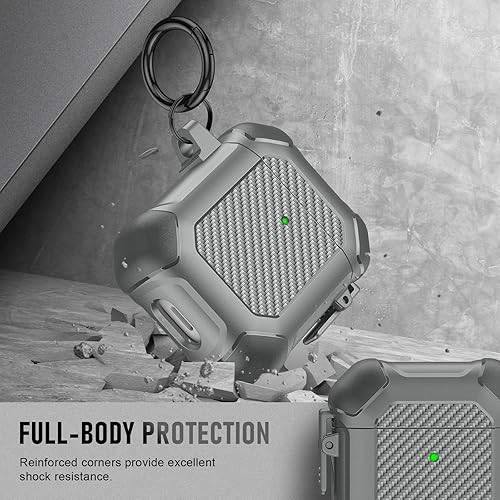 Vista 86 de Maxjoy Funda para AirPods Pro, clip de bloqueo seguro de fibra de carbono, cuerpo completo, a prueba de golpes, carcasa rígida con llavero