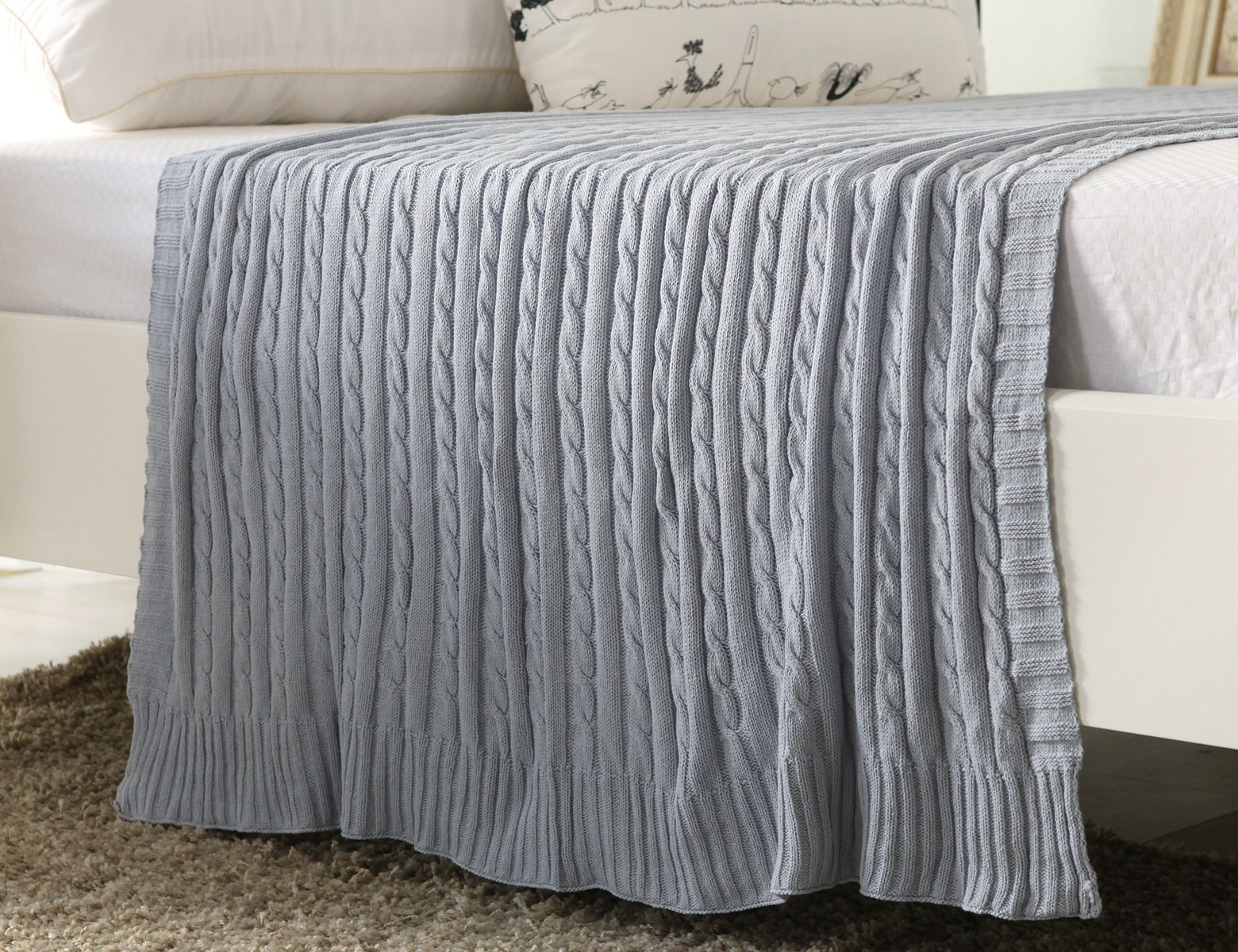 100% All Cotton Knit Throw for Sofa Classic Cable Pattern, 43x70 Inches, Lightweight Ideal for All Year Round Use, Ashy Blue