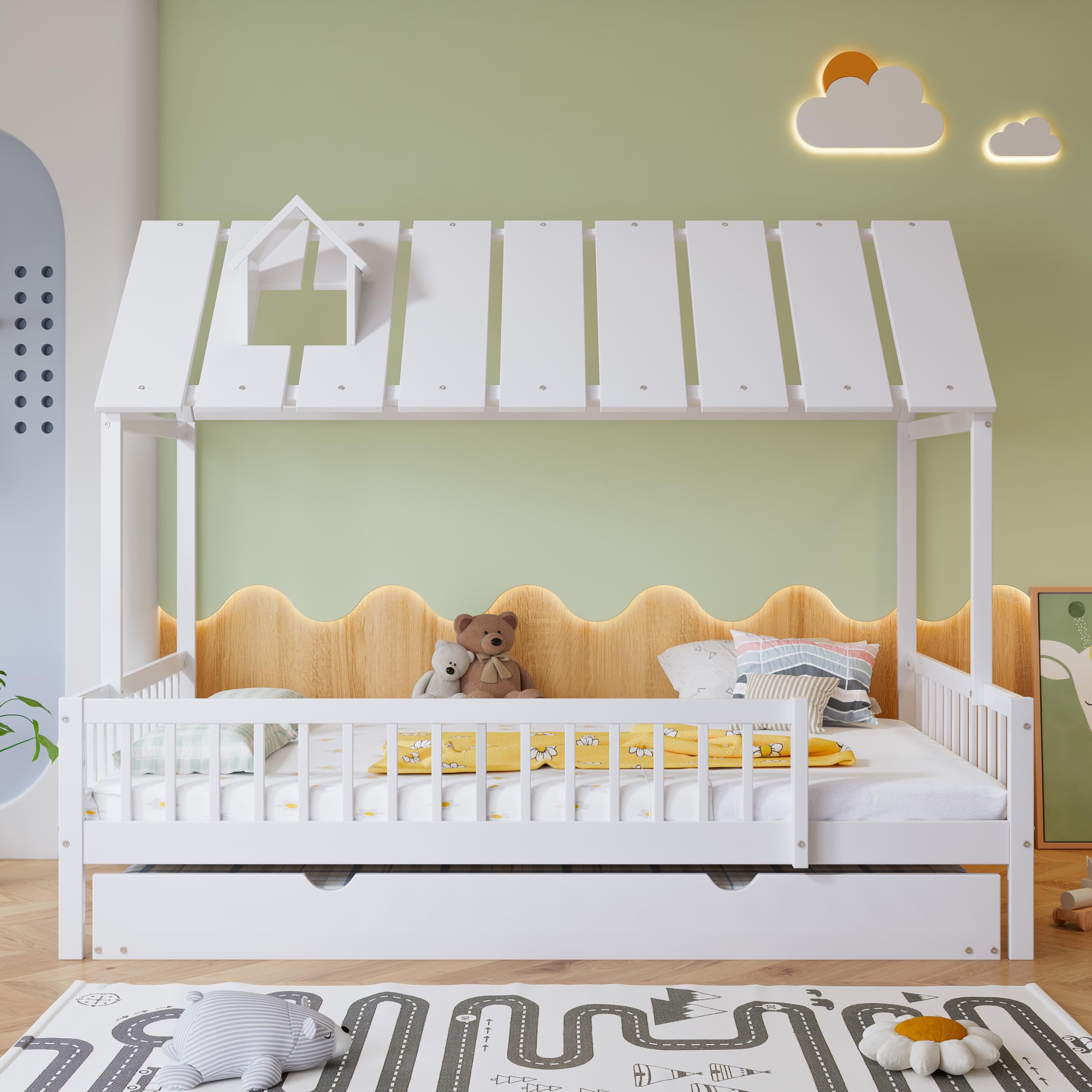 LAKFEW Cama Casita Cama Infantil 120x200 cm con Cama Nido, Camas Montessori Infantil con Techo y Barandilla de Seguridad, Camas Infantiles para 2 Niños, Blanco, Sin Colchón