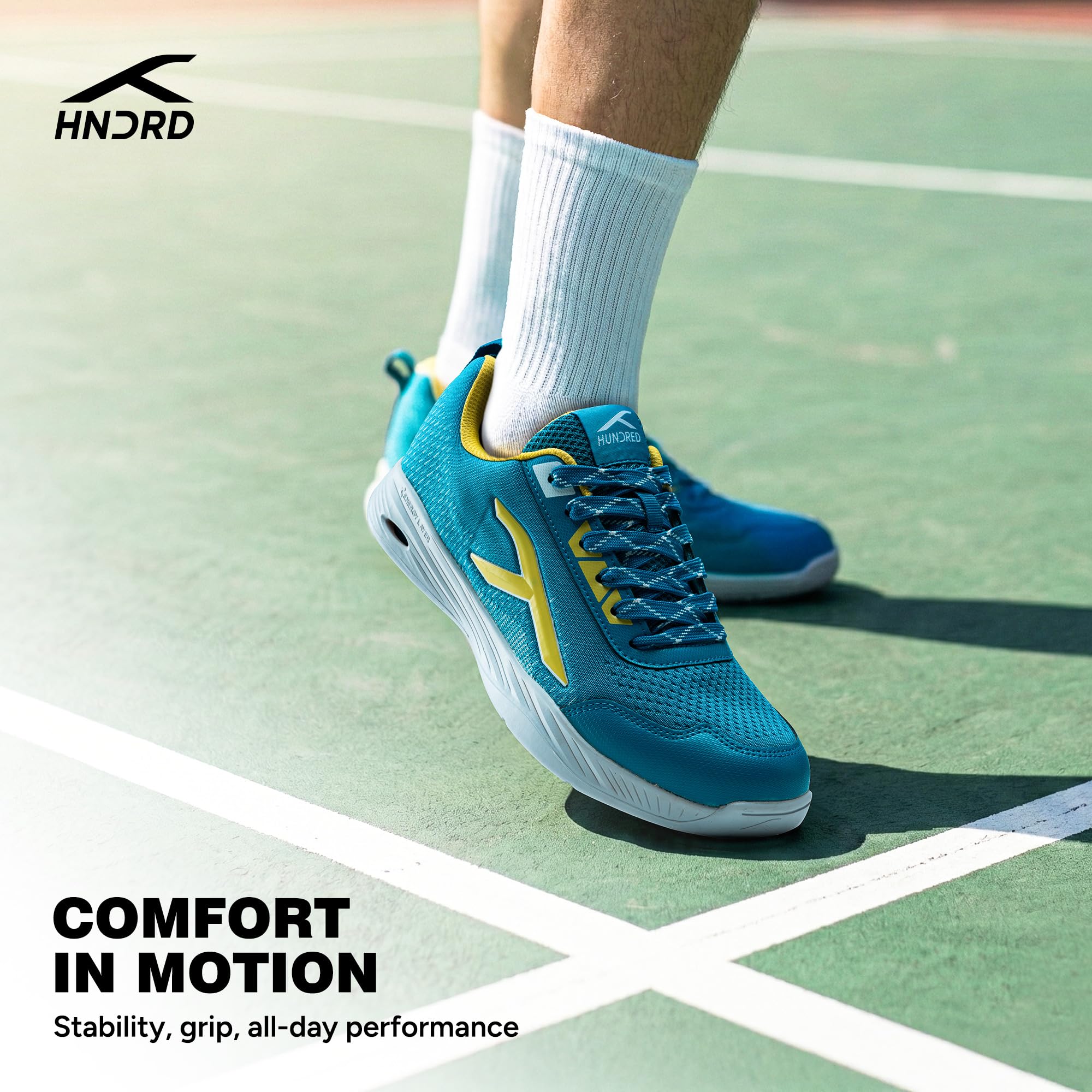Hundred Court Flyer Non-Marking Badminton Shoes | Indoor Court Shoes for Badminton & Indoor Sports | Lightweight, Breathable, Cushioned, Durable & Comfortable - Blue/Yellow/White 4