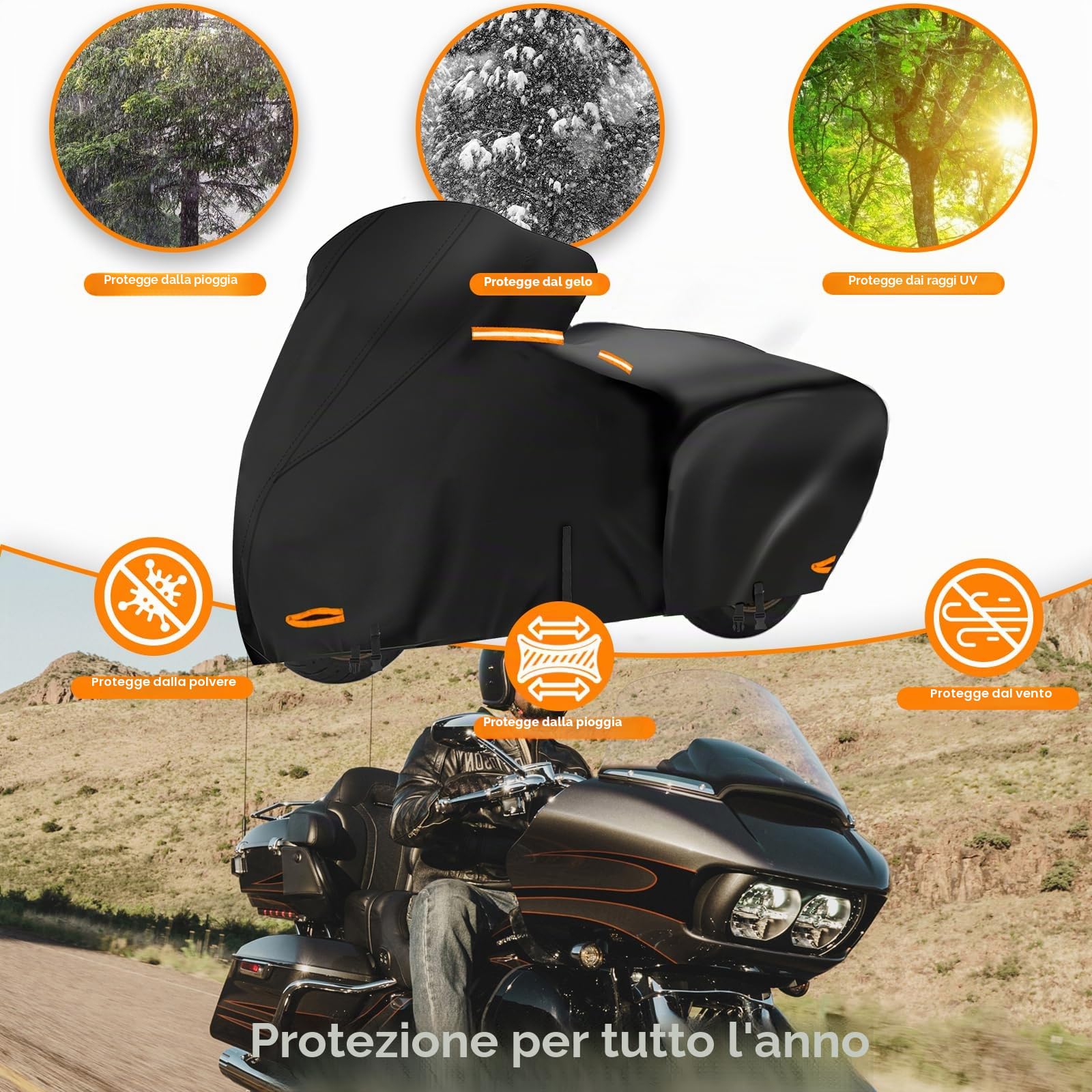 Telo per Harley Davidson-Telo per Harley Tutte Stagioni con Cinghie Antivento Strisce Riflettenti,Telo Moto per Harley Davidson da Esterno, Telo Copri Moto per Harley Touring, Goldwing, 270X110X130CM