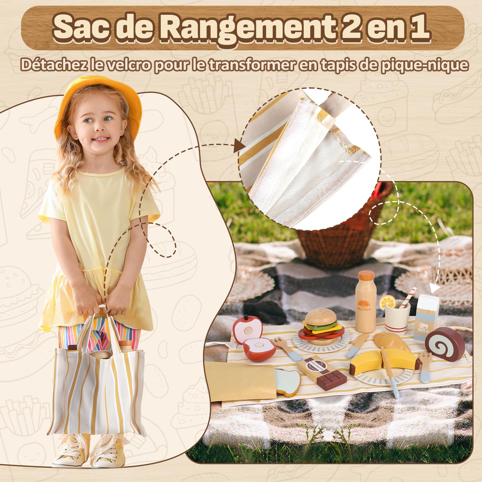 Lehoo Castle Cuisine en Bois Enfant, Jouets de Pique-Nique en Bois Apportez des Dessert, Dinette Enfant avec Sac de Rangement, Jouets en Bois Paques Cadeau Enfant Fille Garcon 3+ Ans