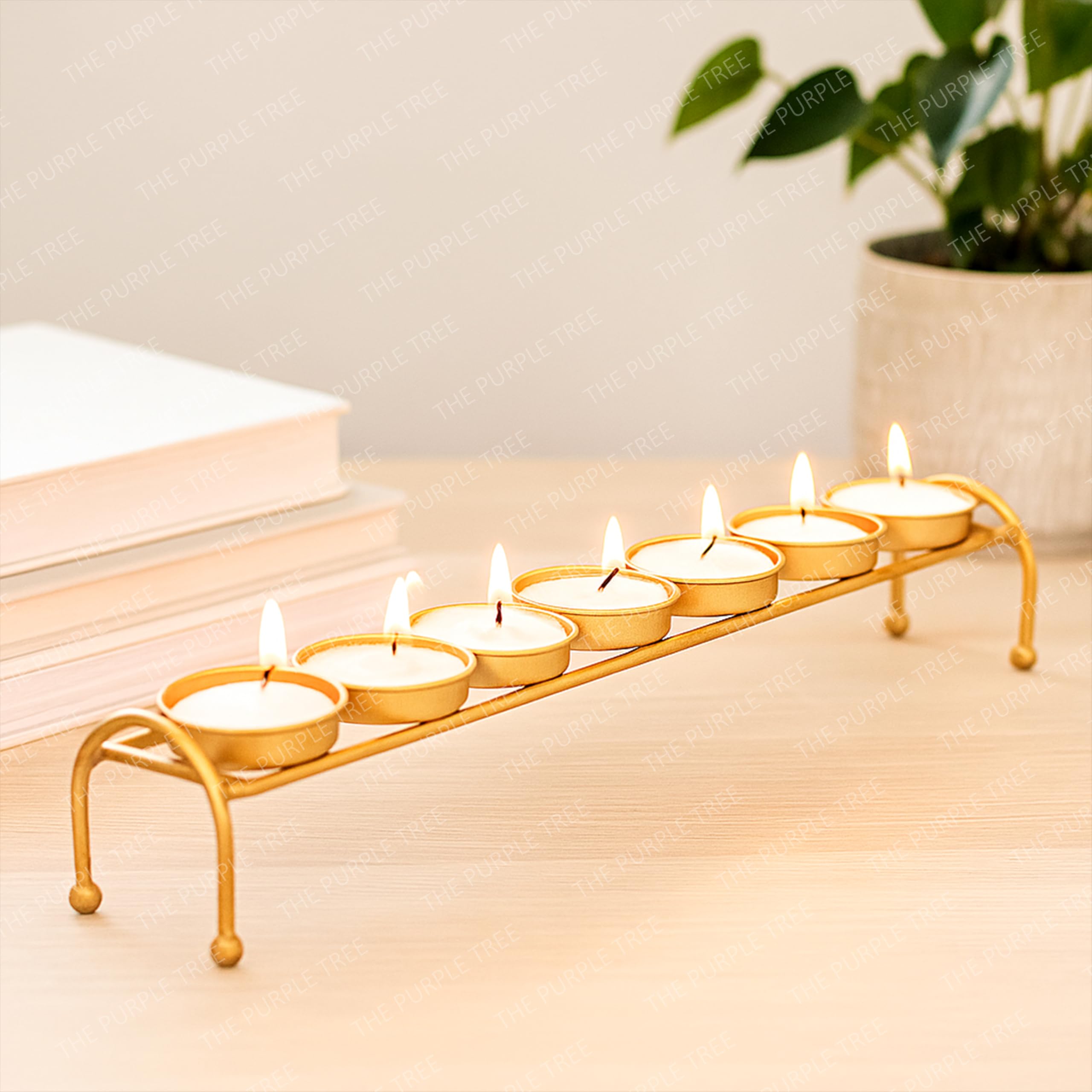 The Purple Tree Golden Long Line Tealight Candle Holder with 7 Candle Spaces (Pack of 1) Gold Tealight Candle Holder, Diwali tealight Holder, Christmas tealights, Diwali Decor-image-35