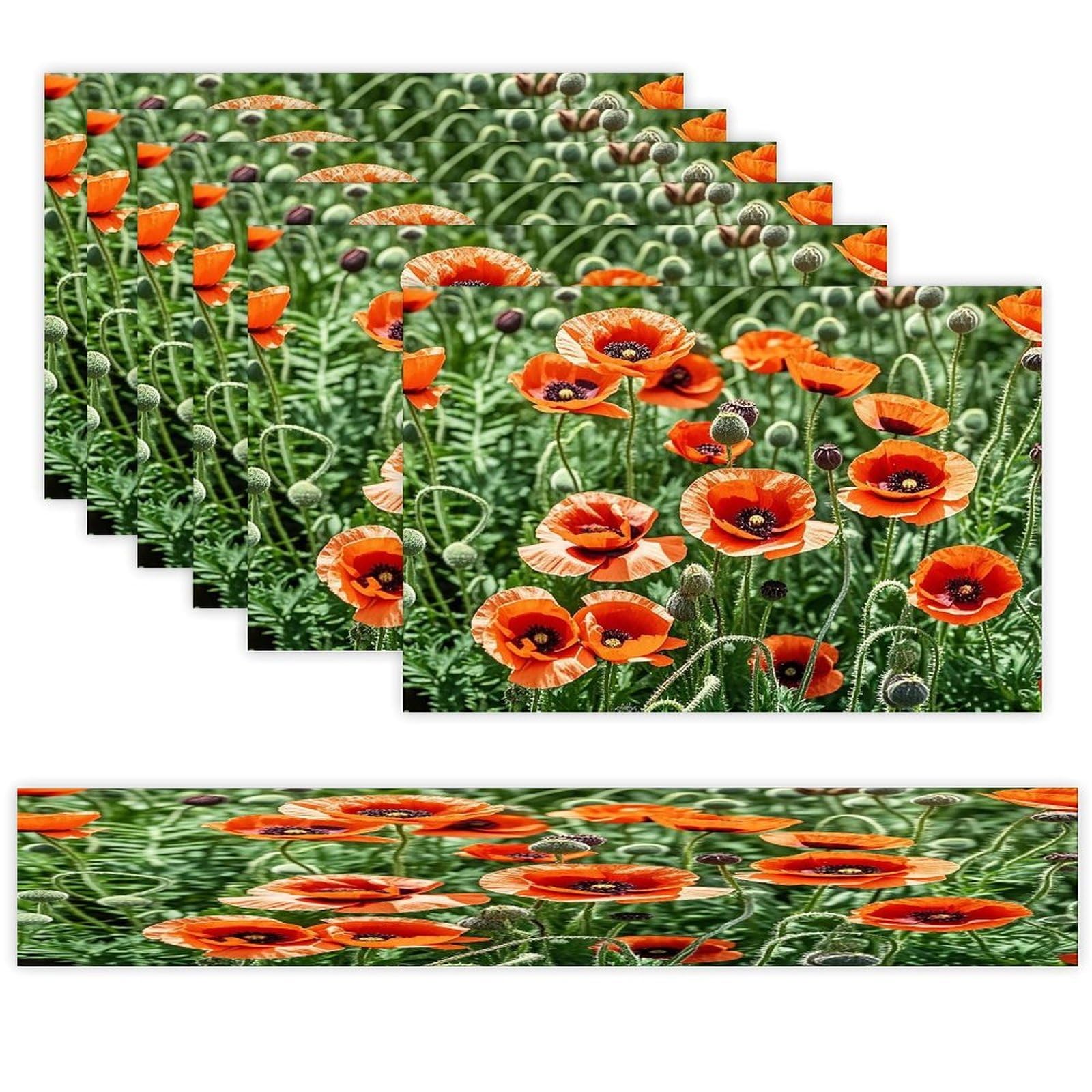 Red Poppy Flowers Leaves Table Runner and Placemats Set of 6 Heat Resistant Washable Table Runners Dining Mat Sets Modern Cloth Place Mats Linen Table Decor for Kitchen Dining Room