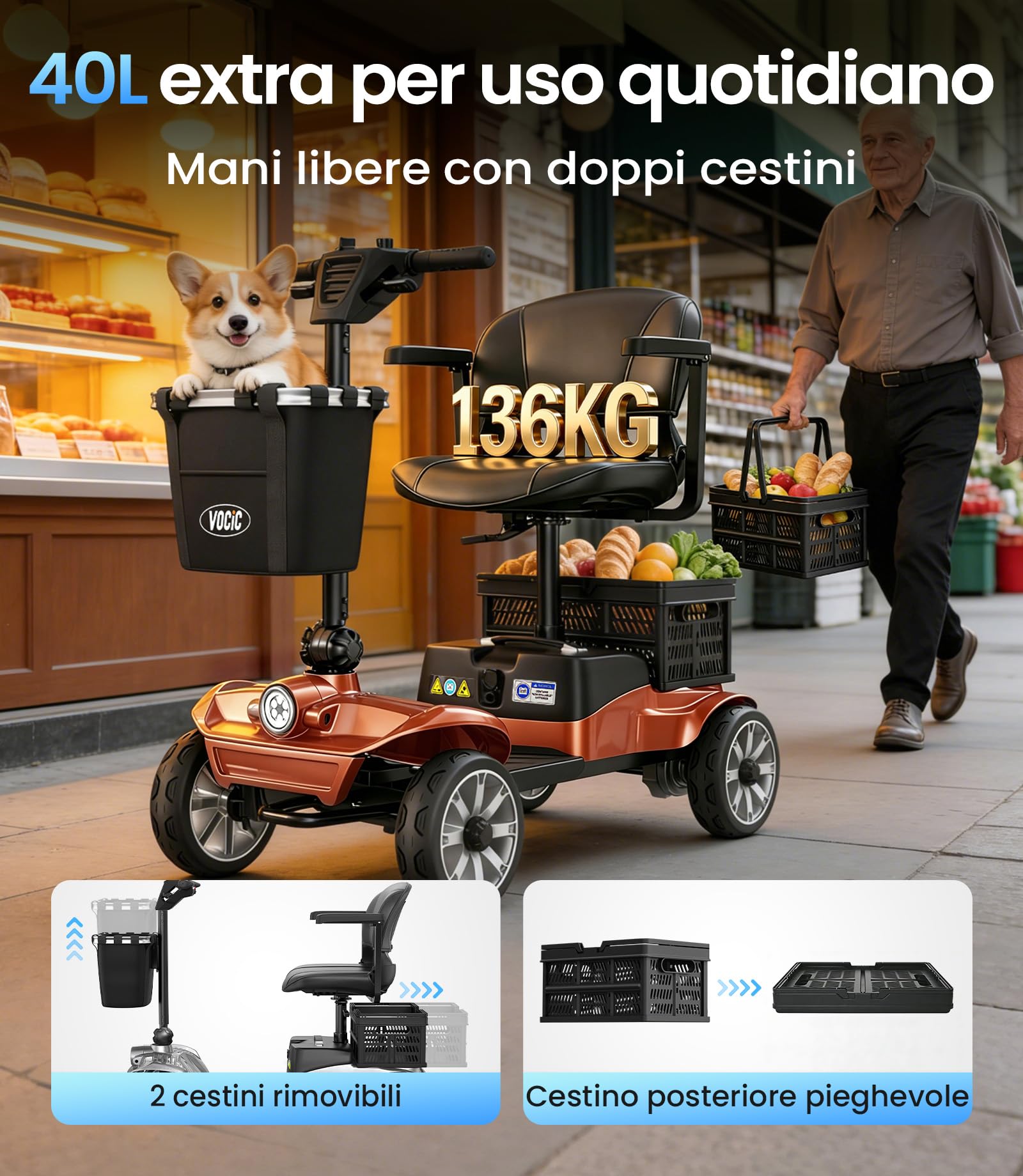VOCIC D35 Scooter elettrico pieghevole 35 chilometri, doppio cestino 40L | portata fino a 150 kg, ruote da 20 cm, sedile ergonomico regolabile, batteria rimovibile per anziani (Arancione Rosso)