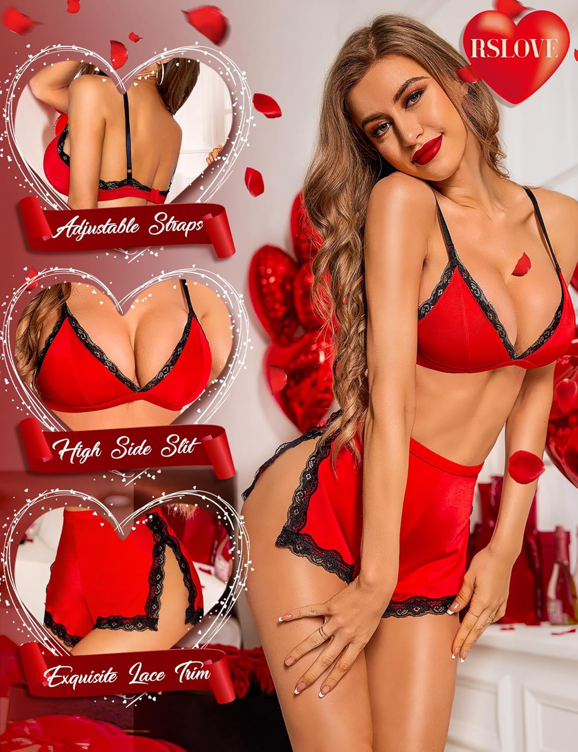 RSLOVE Sexy Pajamas for Women Soft Lingerie Set Lace Trim Sleepwear 2 piece Pjs Shorts Set - Image 3