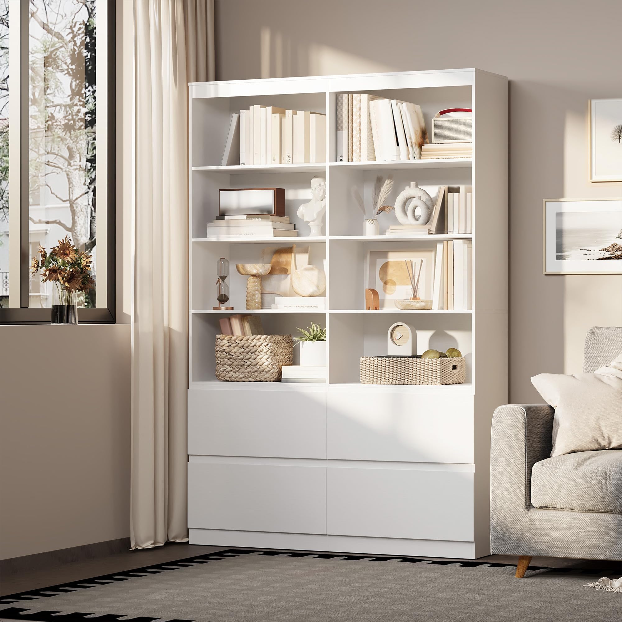 Xbro Libreria Alta con Cassetti 120 x 34 x 180 cm | 8 vani aperti e 4 cassetti senza maniglie con struttura MDF per soggiorno studio e ufficio