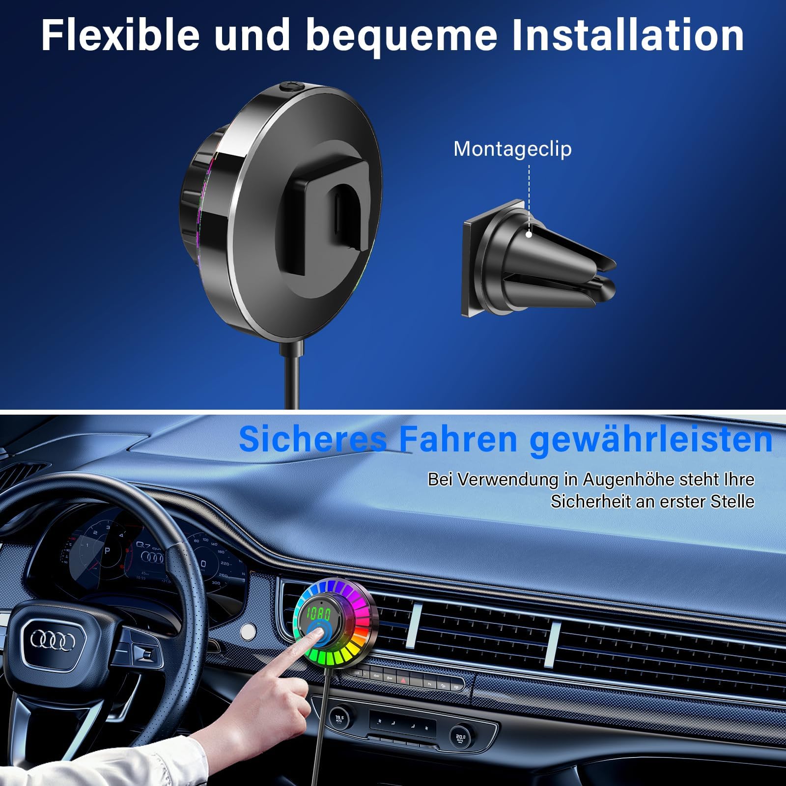 Adattatore Bluetooth Auto FM Transmitter con Luce RGB - Vivavoce Bluetooth 5.3, Caricabatterie PD30W USB-C & QC3.0, Adattatore Bluetooth per Auto per iPhone Android Autoradio OHFAMO