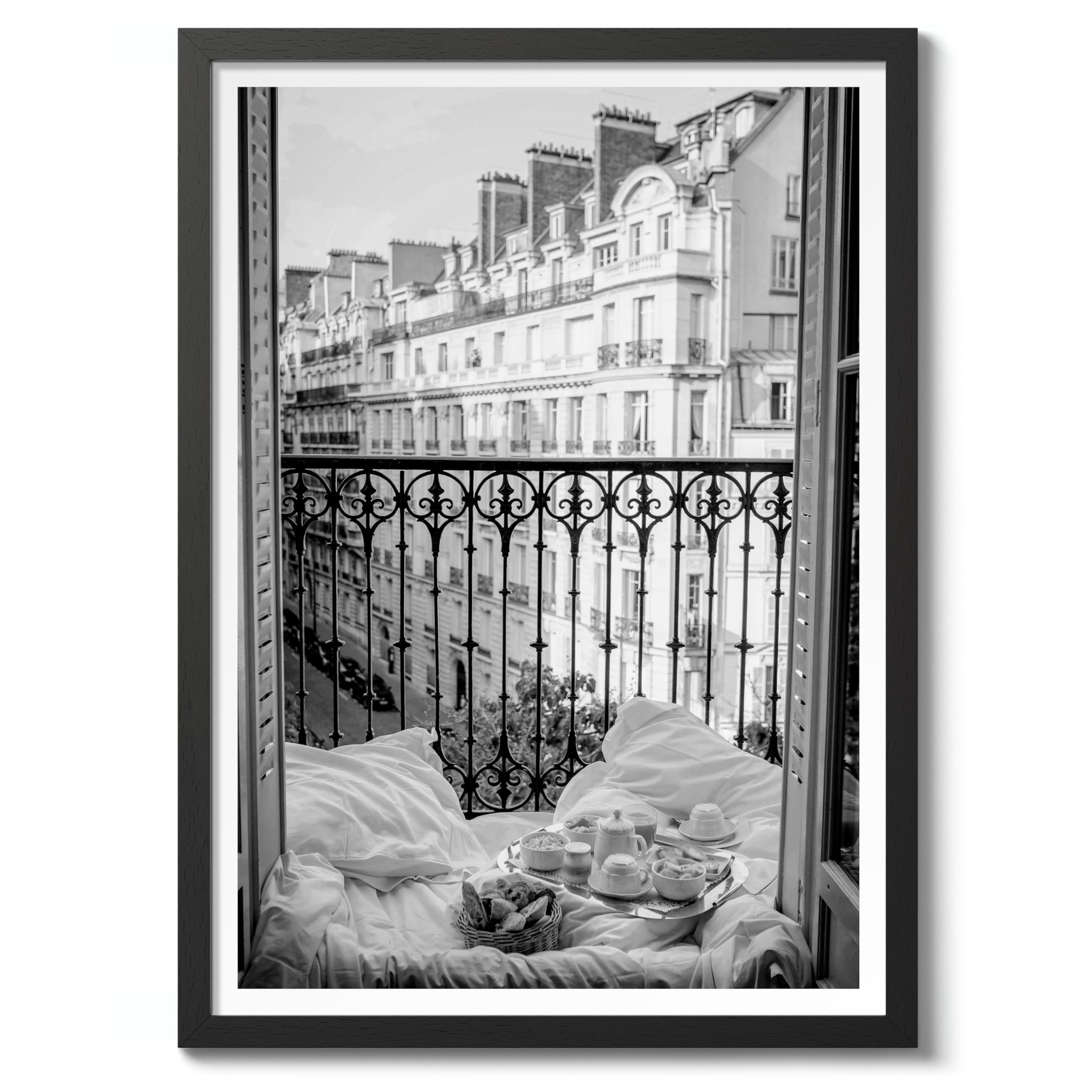 Parisian Balcony Poster Black & White Vintage Photography Print Minimalist Modern Interior Decoration, Archival Matte, A1 (Black Frame) - 84.1x59.4cm