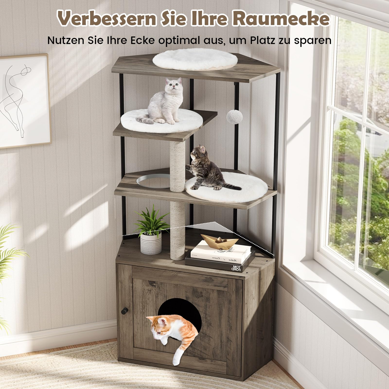 COSTWAY Kratzbaum mit Katzenklo Schrank, Katzenschrank für Katzentoilette, Katzenhaus Holz, Katzenkratzbaum mit Sisalpfosten, Plattformen, Katzenloch & Matten, Katzenbaum Katzenmöbel Katzen, Braun
