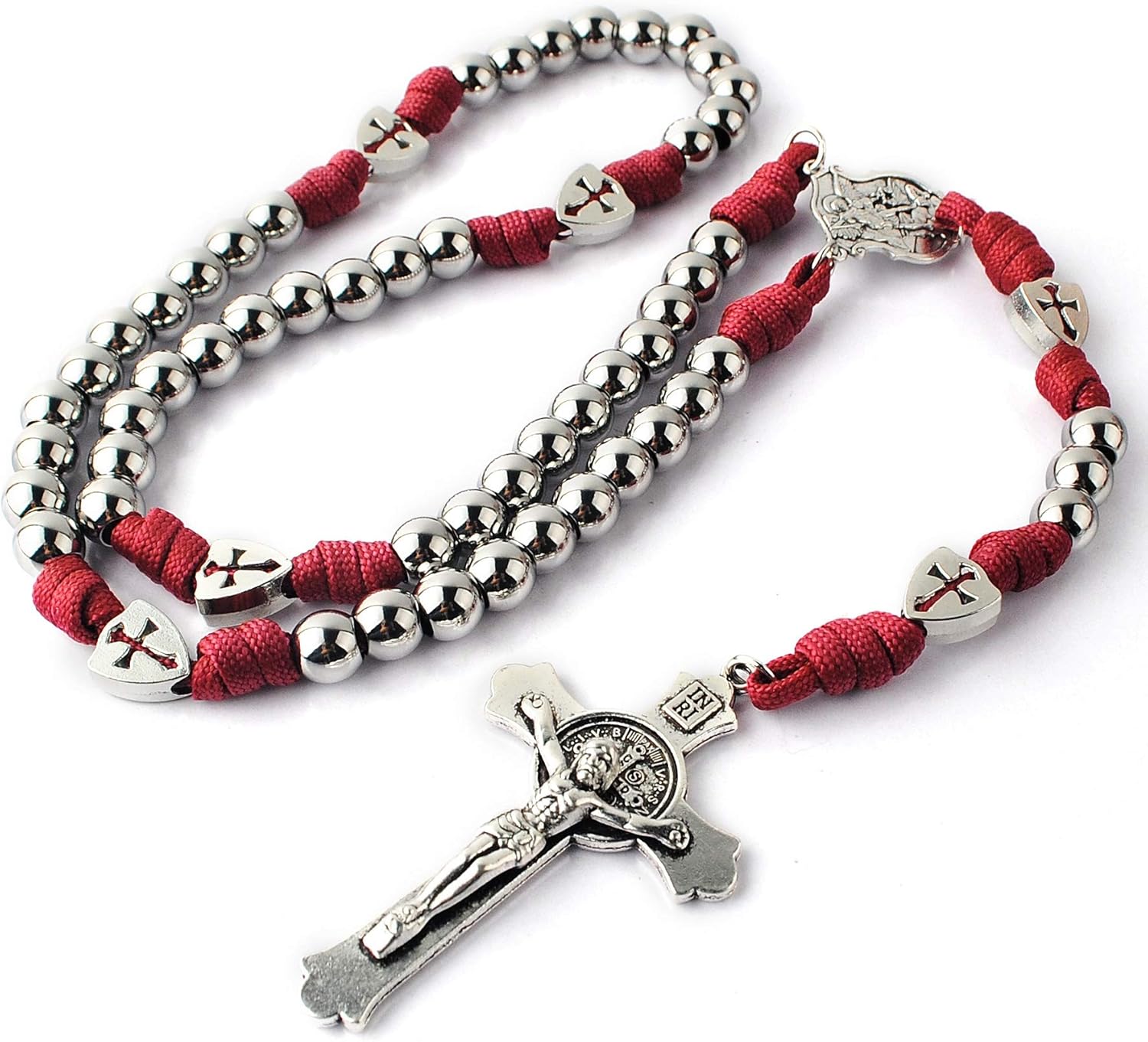 HanlinCC Large and Heavy Stainless Steel Beads Rugged Durable Paracord Rosary Necklace for Men with St.Michael Center Piece and St.Benedict Crucifix - Image 8
