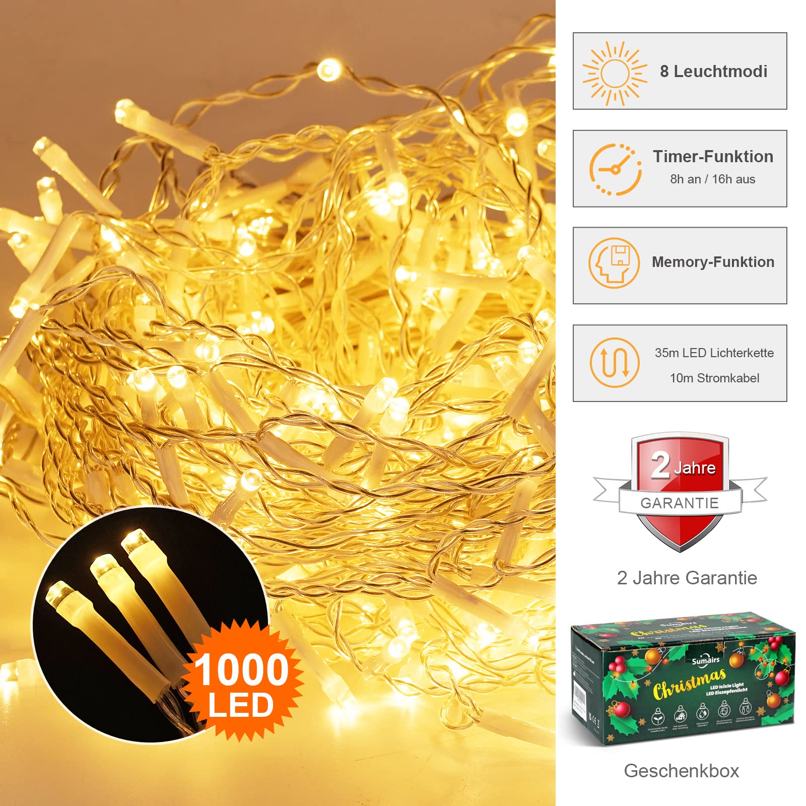 Lichterkette Außen, 35M 1000er LED Lichterkette Eisregen Außen mit Timer, Weihnachtsbeleuchtung Außen, Lichterkette Außen Strom Wasserdicht mit 8 Modi Memory-Funktion für Garten, Dach, Warmweiß