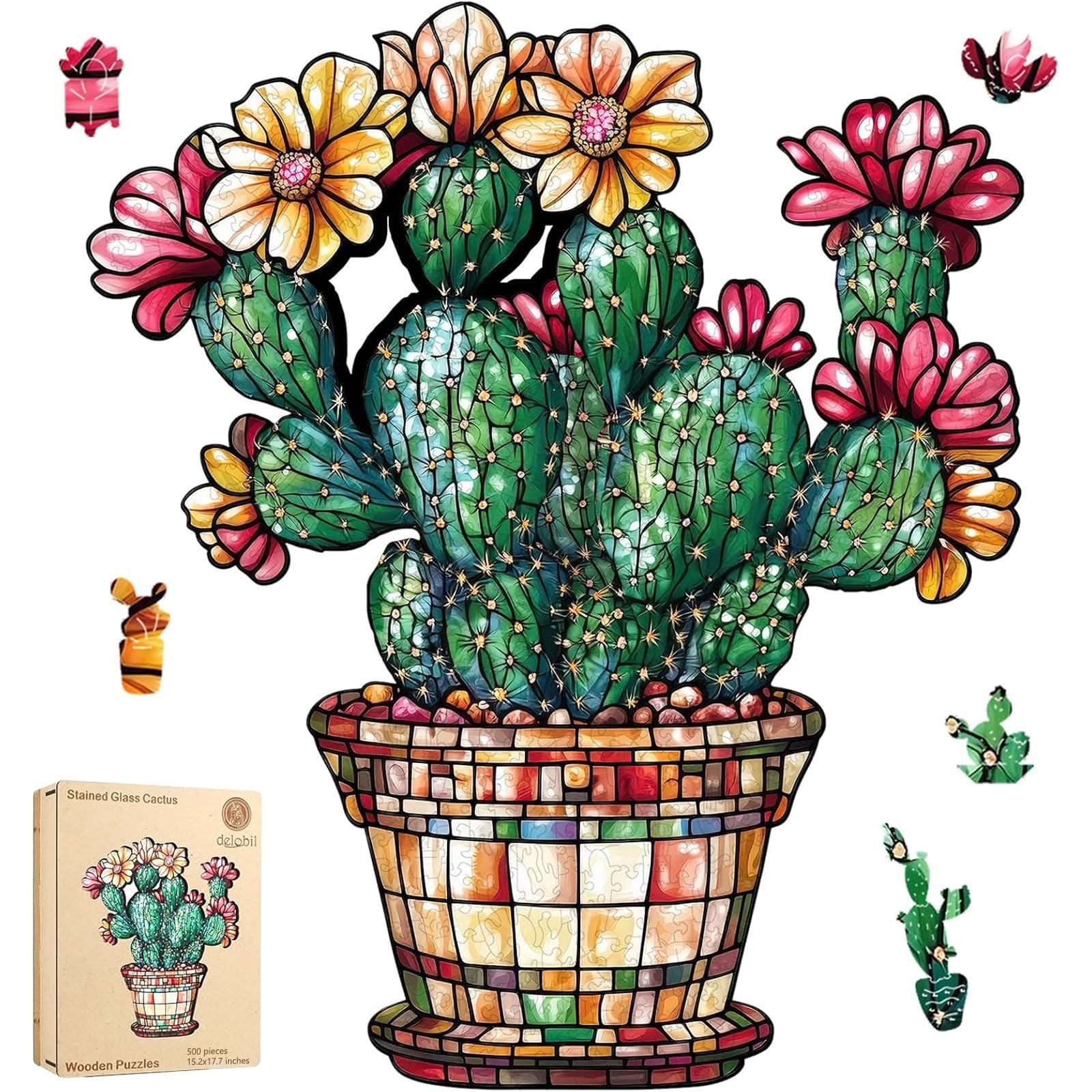 Delobil Stained Glass Cactus Wooden Puzzles for Adults, 500 Pieces Jigsaw Puzzles, Unique Shaped Royal Size Wood Puzzle Gift for Adults and Kids,