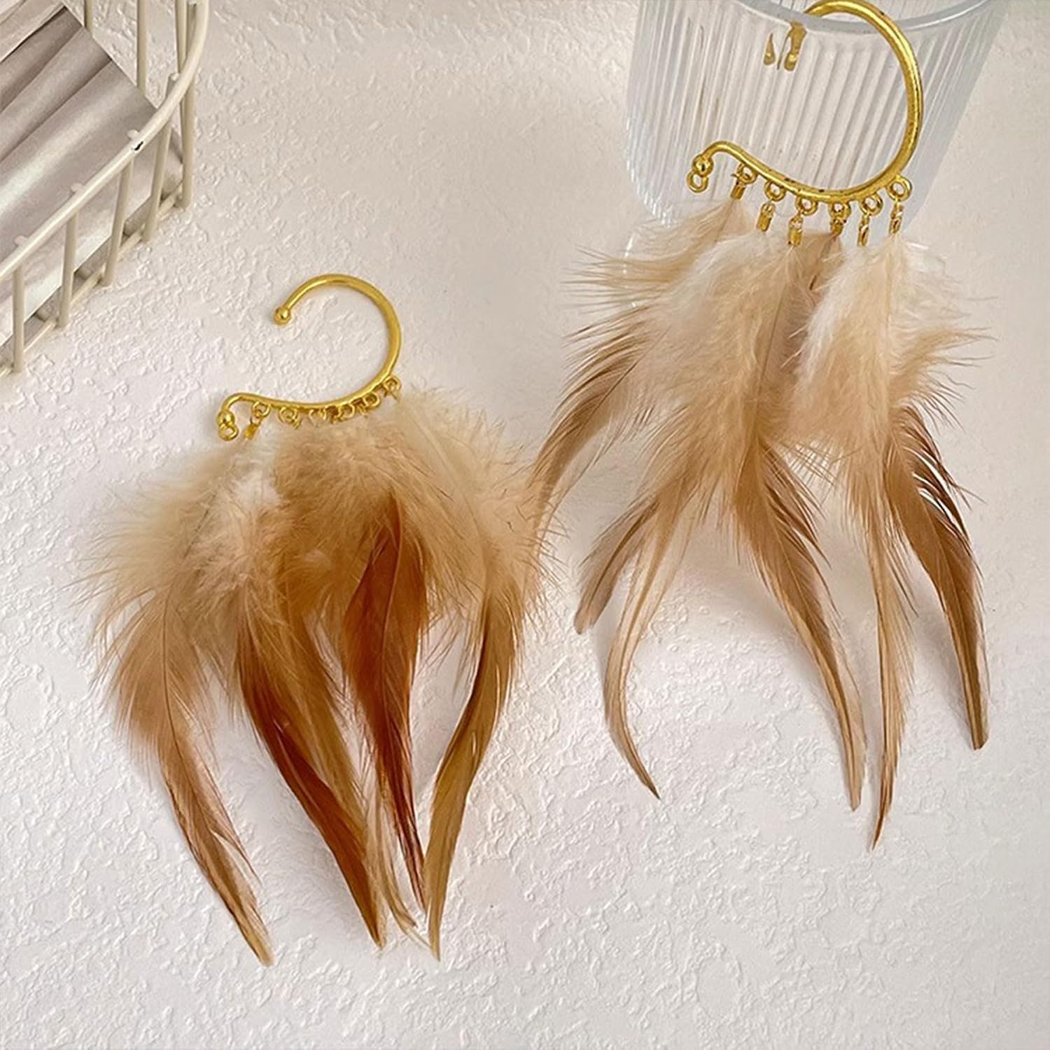 Fairy Ear Cuffs Non Piercing Bohemian Handmade Long Feather Earrings Brown Tassel Earrings