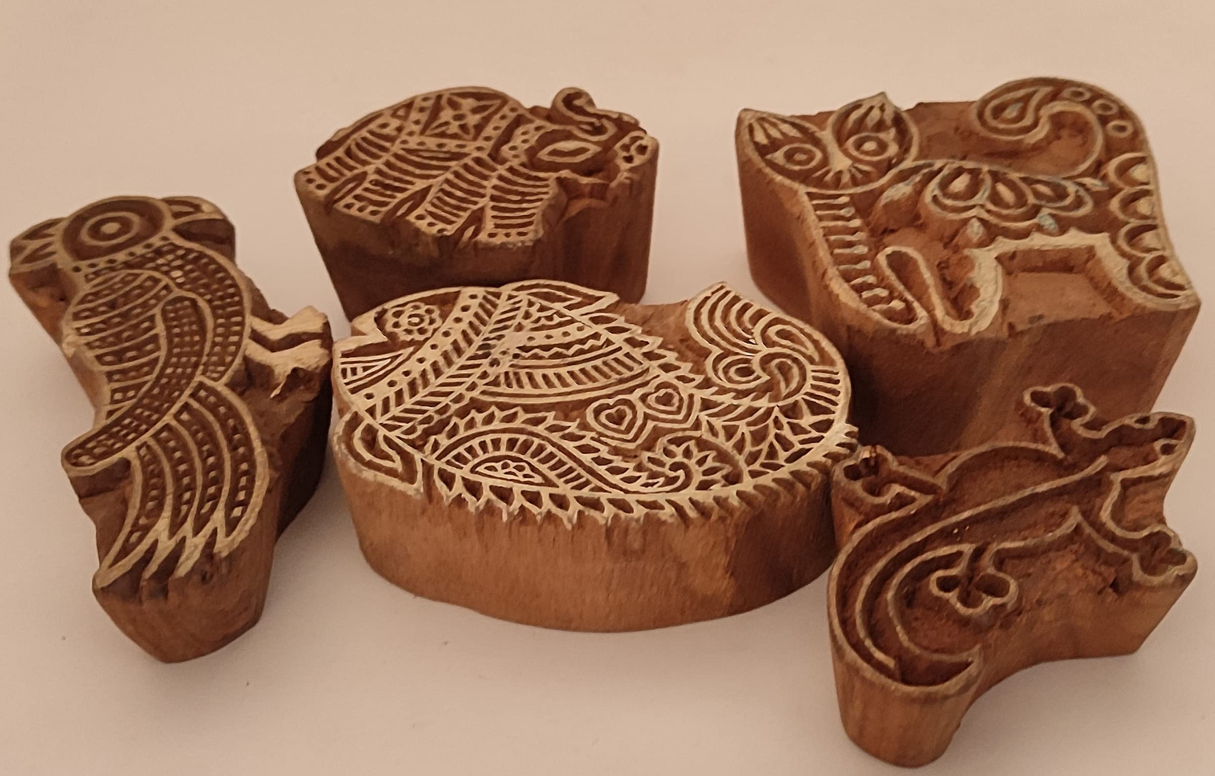 Sharvgun Juego de 5 sellos de animales, bloques de impresión de madera, arte artesanal, tela, diseños de impresión, sellos decorativos, arte curvado a mano, sello de madera
